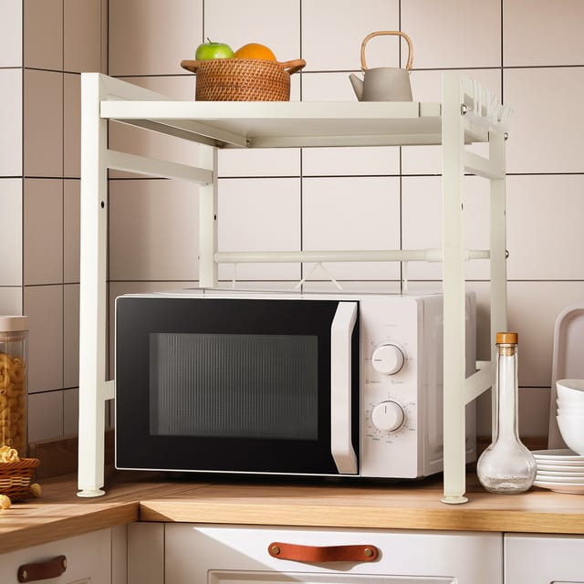 Ausziehbares Küchenregal 40/64×45×36.5cm Einzelne Ablage für Mikrowellenherd mit Haken Karbonstahl Weiß - Skecten