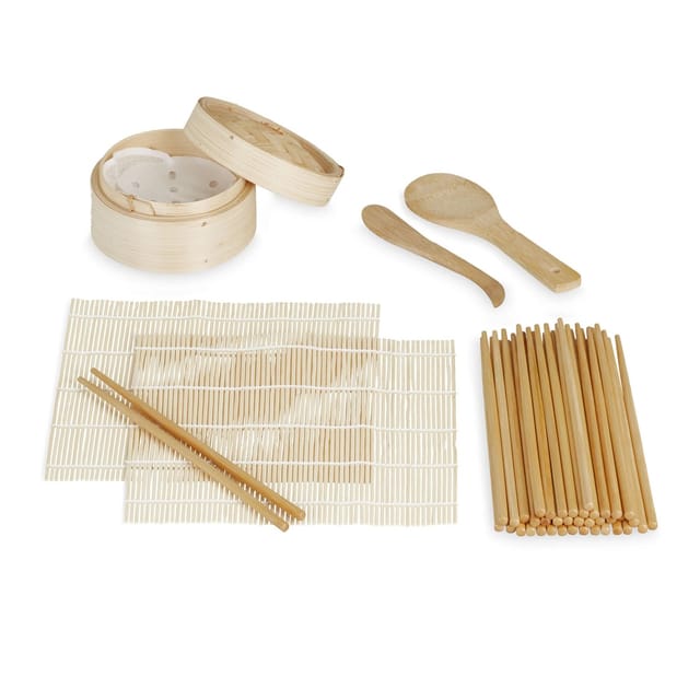 Sushi Set, Bambus, 2 Sushimatten, Dampfgarer, 20 Paar Essstäbchen, Reislöffel, Reisspatel, Sushimaker, natur - Relaxdays