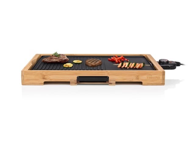 Tristar - Elektro Tischgrill xl Bambus bbq Grill- und Bratplatte 51x25cm, 2200Watt