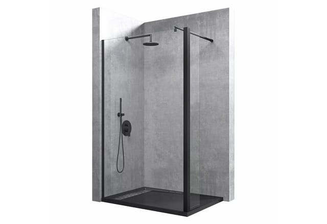 Duschwand 50x200cm Walk-In mit 30cm Nebenteil, 10mm Duschabtrennung schwarz Bremen mit rundem Stabilisator, aus Echtglas ESG-Sicherheitsglas Klarglas