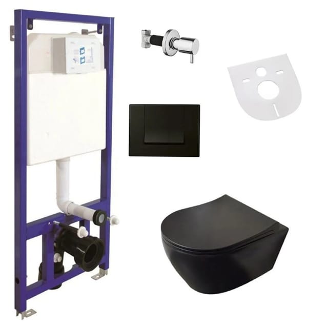Belvit Spülrandloses Hänge-WC Komplettset Taharet-/Bidetfunktion Softclose-Deckel Vorwandelement Schwarz Matt Schallschutz