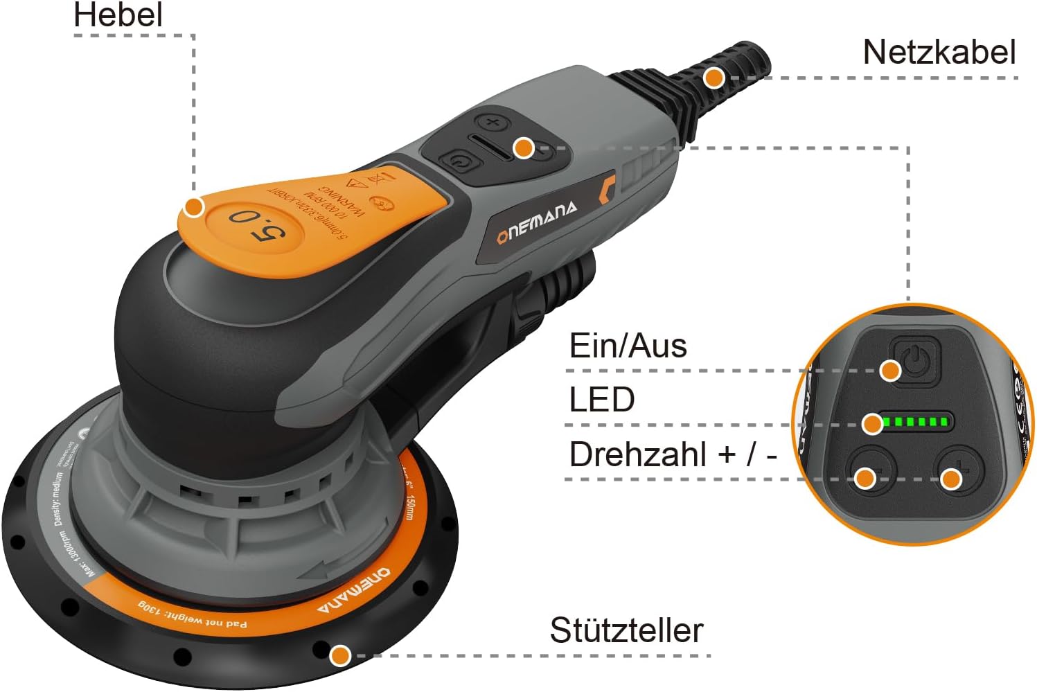 Exzenterschleifer 150 Mm, Bürstenloser Exzenterschleifer Mit 5,0 Mm Exzenterhub, 350w Schleifmaschine Mit 6 Drehzahlstufen 4000-10000 U/min, Mit Inkl. 12 Schleifblätter,orbital Sander