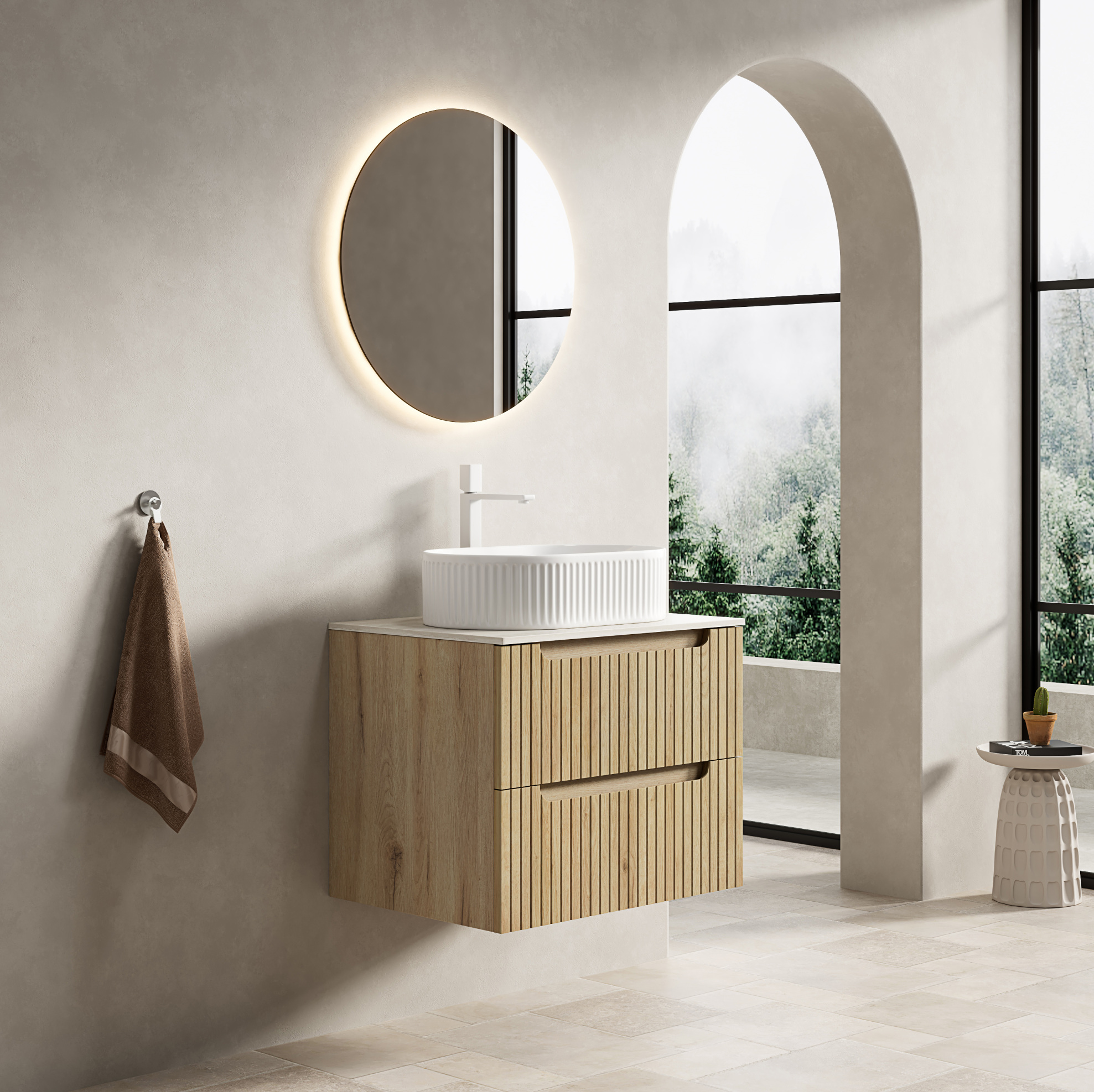 Badezimmer Waschtisch (60.0x46.0x62.2 Cm), Mit Ovalem Keramikbecken, 2 Soft Close Schubladen, Sinterstein, Weiß