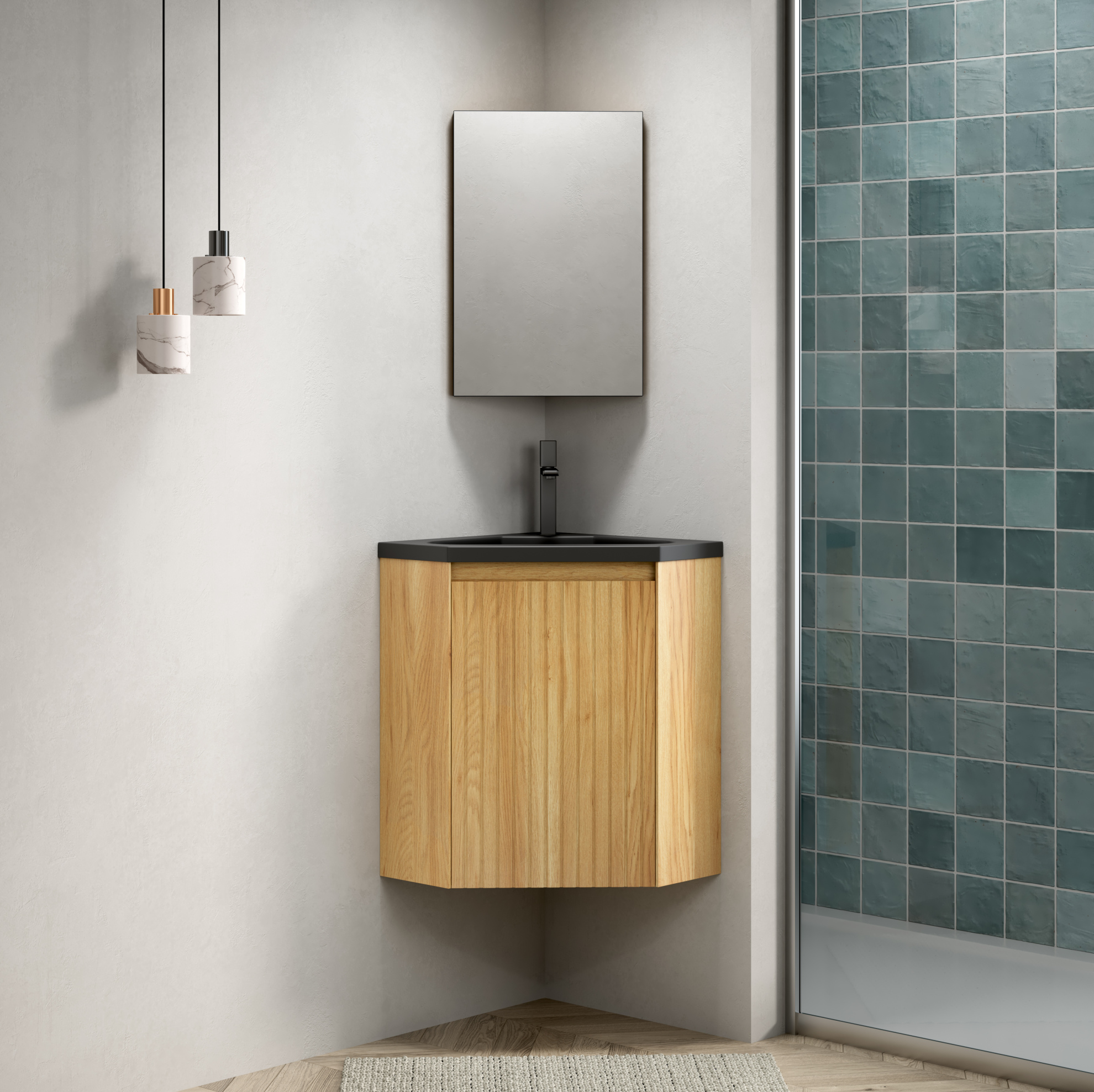 Badezimmer-waschtisch (47.5x47.5x61.5 Cm), Für Ecken, Matt-schwarzes Harzbecken, Sperrholzschrank, Naturholz Und Schwarz