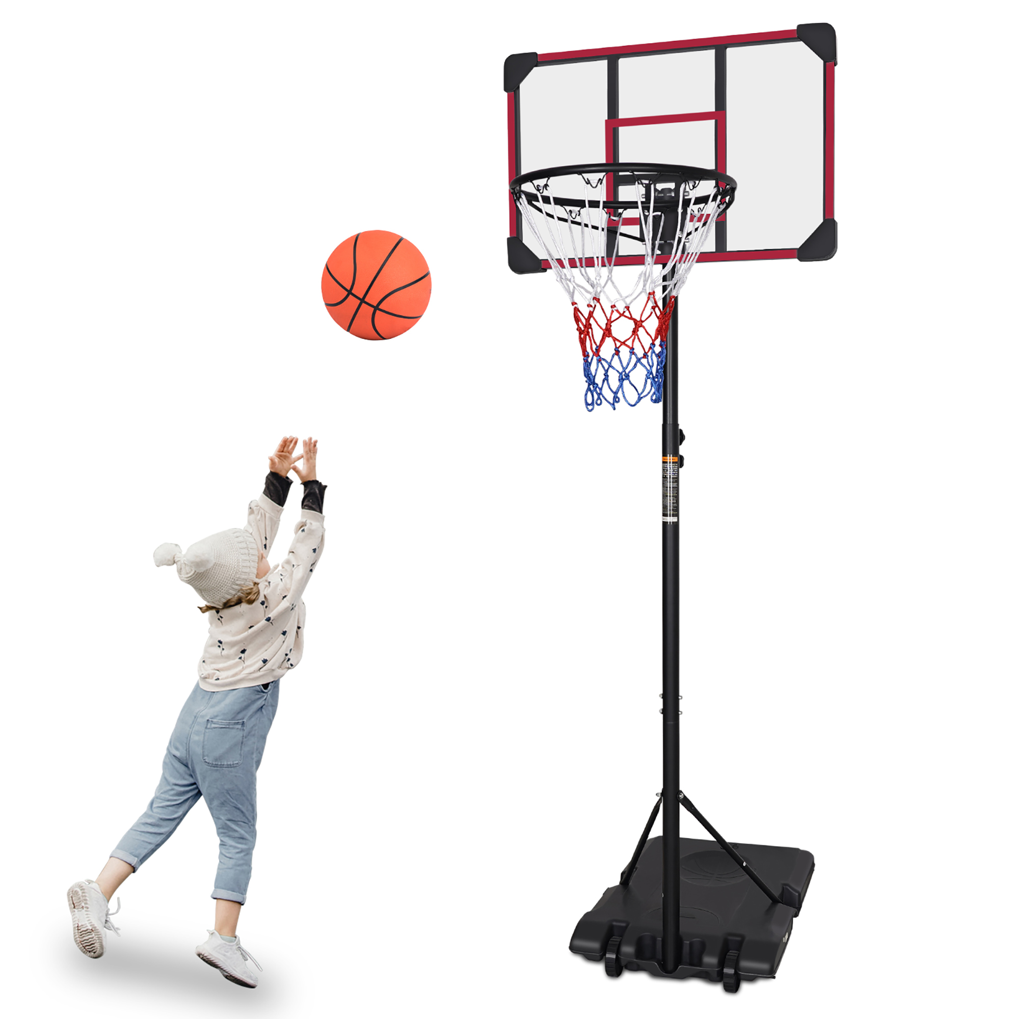 Redom Basketballkorb 77.5x56.5x17.0 Cm, Höhenverstellbar 170 Bis 213 Cm, Mit Rollen, Pe Rattan, Eisen, Schwarz Rot
