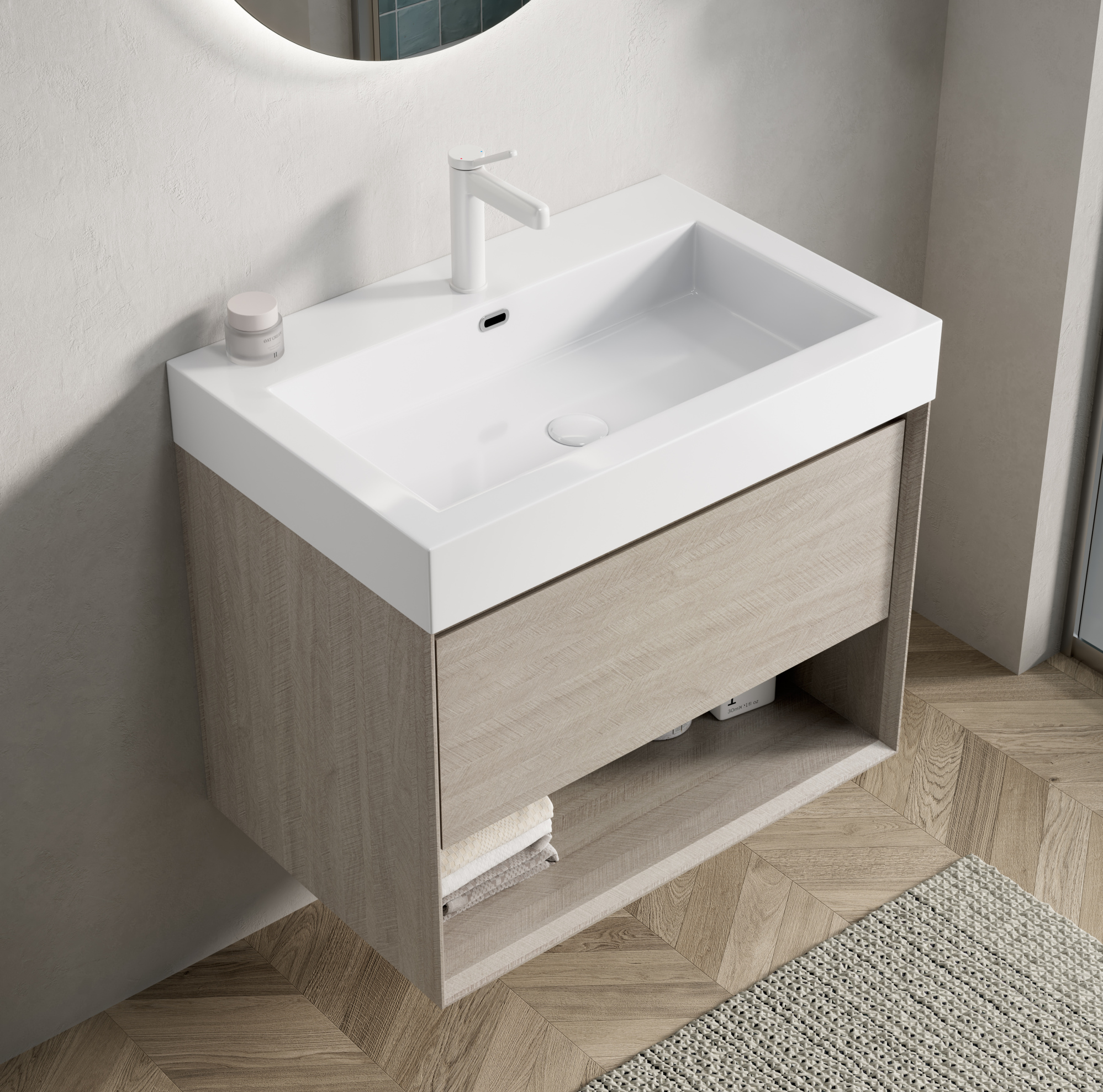 Waschtisch 70x46x60 Cm, Mit Rechteckigem Mineralwerkstoffbecken, Soft-close, Eichenoptik, Weiß