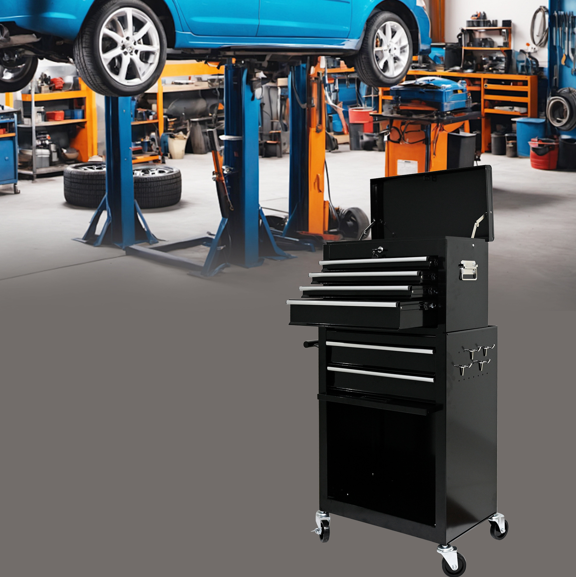 Werkzeugschrank 58.3x37.5x71.8 Cm, Mit 6 Schubladen, Rollbar, Mit Schloss, Stahl, Schwarz