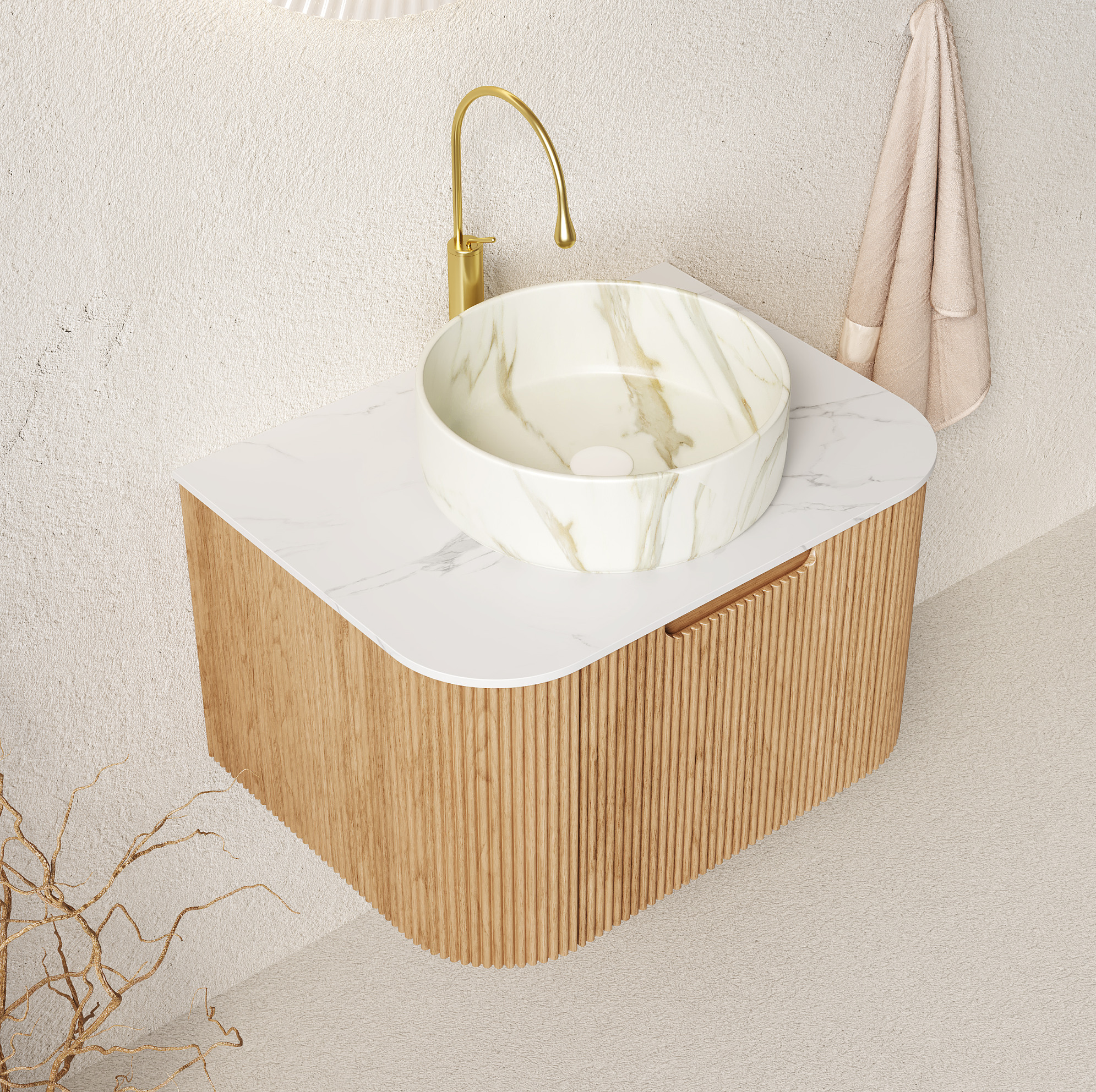Redom Badezimmer Waschtisch, Wandmontiert, Rundes Keramikbecken, Soft Close Schublade, Keramik Sinterstein, Naturholz Weiß