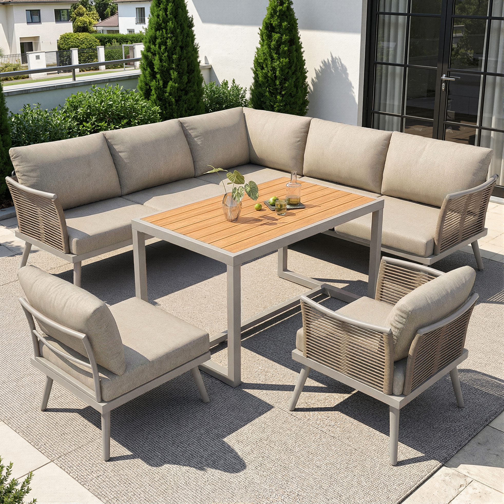 Garten-lounge-set Für 7 Personen, Mit Polstern, Geflochtenen Armlehnen, Eisengestell, Beige