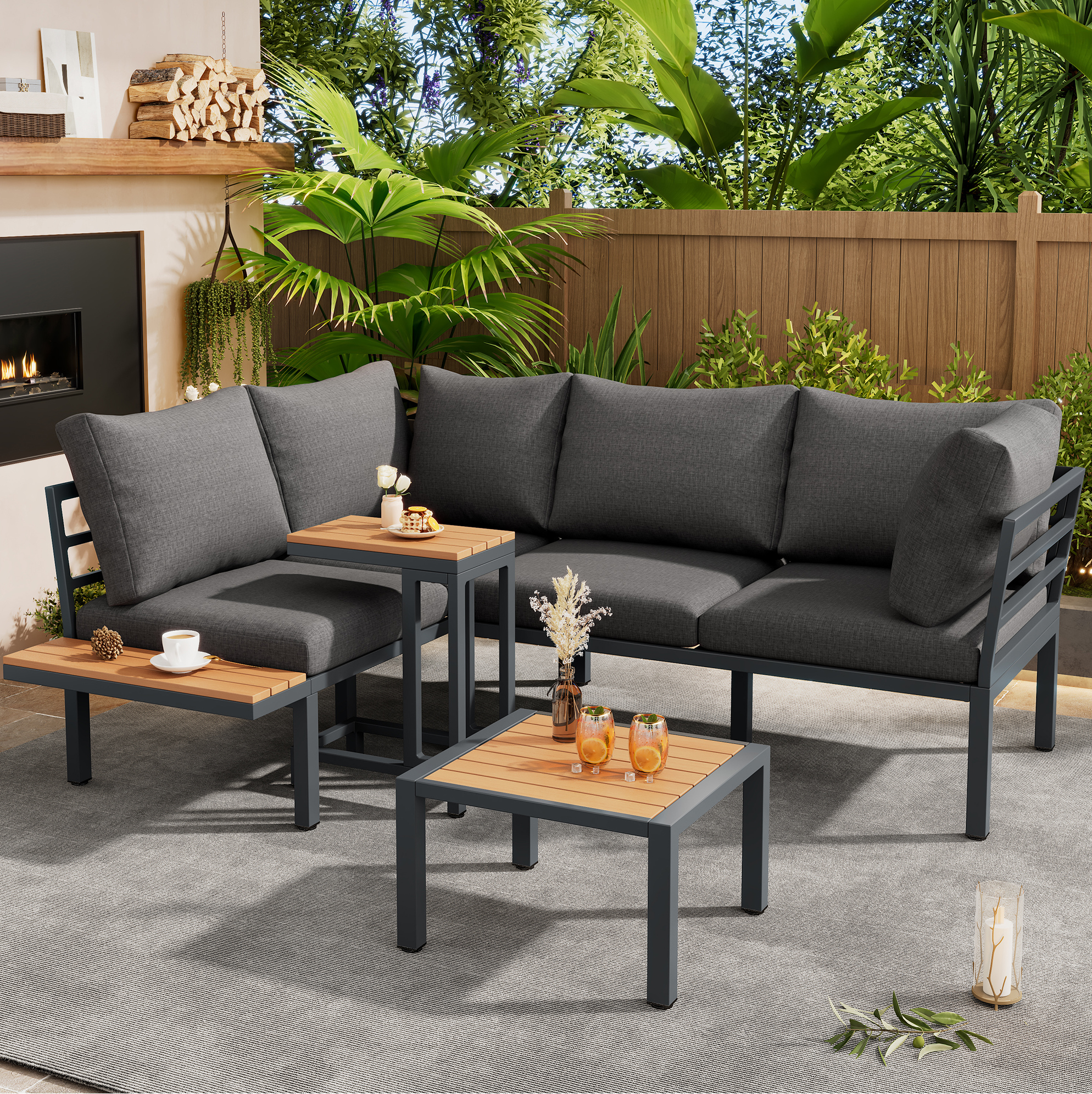 Gartenmöbelset, Ecksofa Mit Beistelltisch Und Couchtisch, Verzinkter Stahl, Grau Schwarz