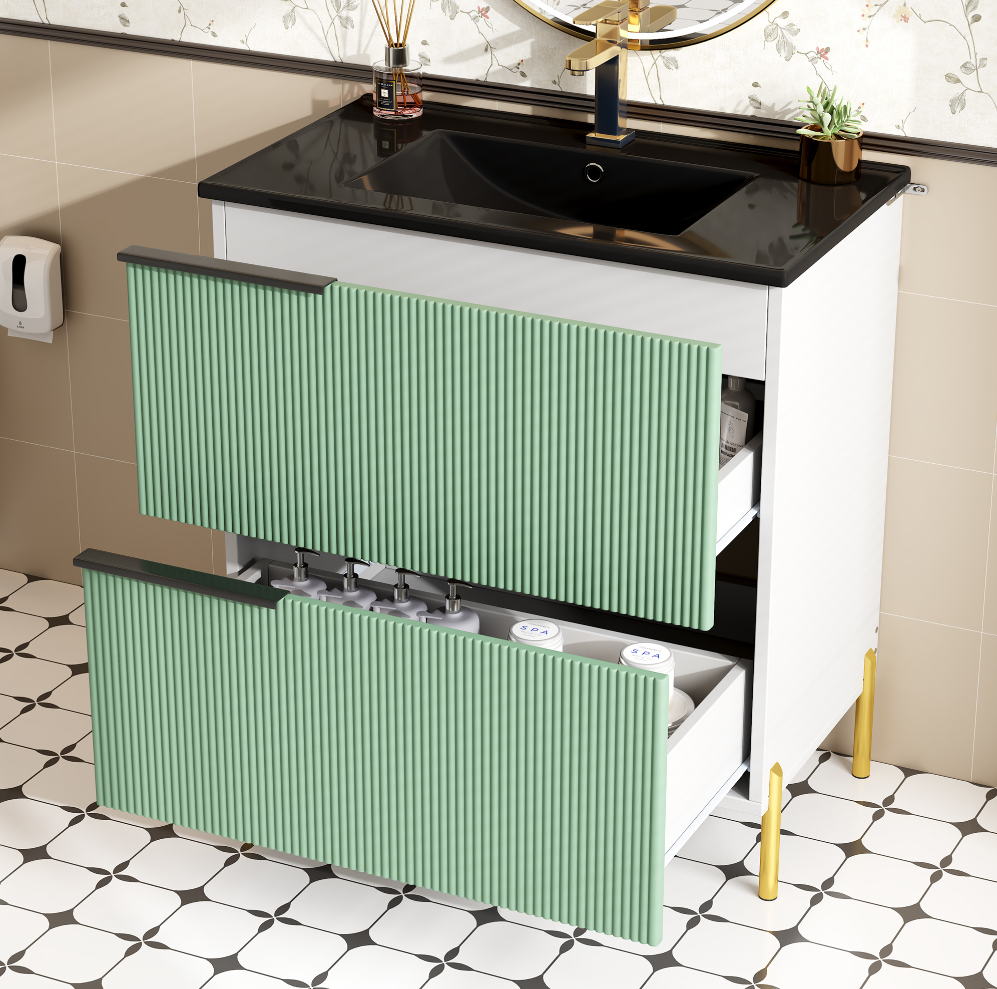 Badezimmer-waschtischunterschrank Mit Keramikwaschbecken, 2 Schubladen, Mdf, Grün