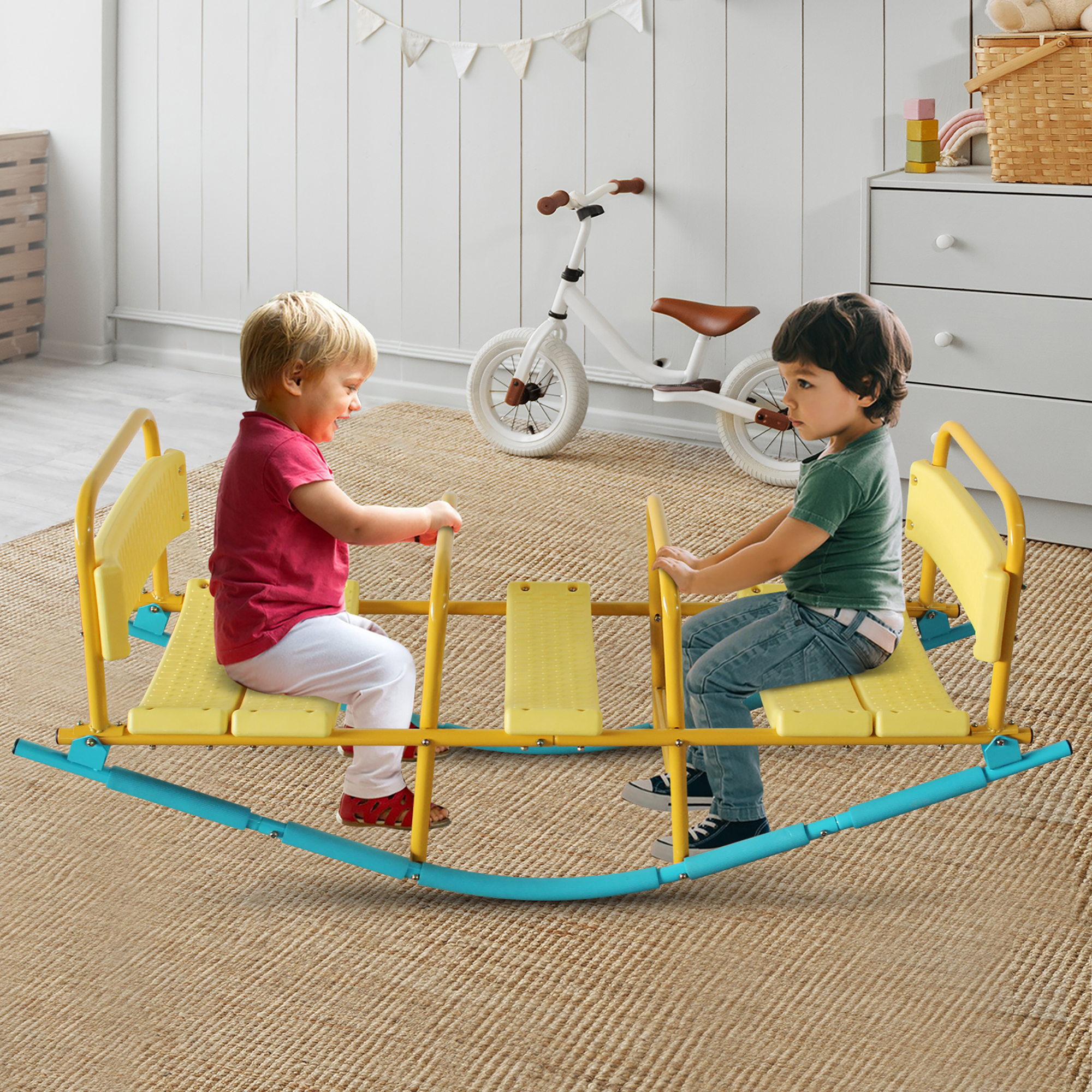 Redom Wippe 89x51x14.5 Cm, 3 Sitze, Mit Rückenlehne, Wetterbeständig, Kunststoff Und Stahl, Blau Gelb