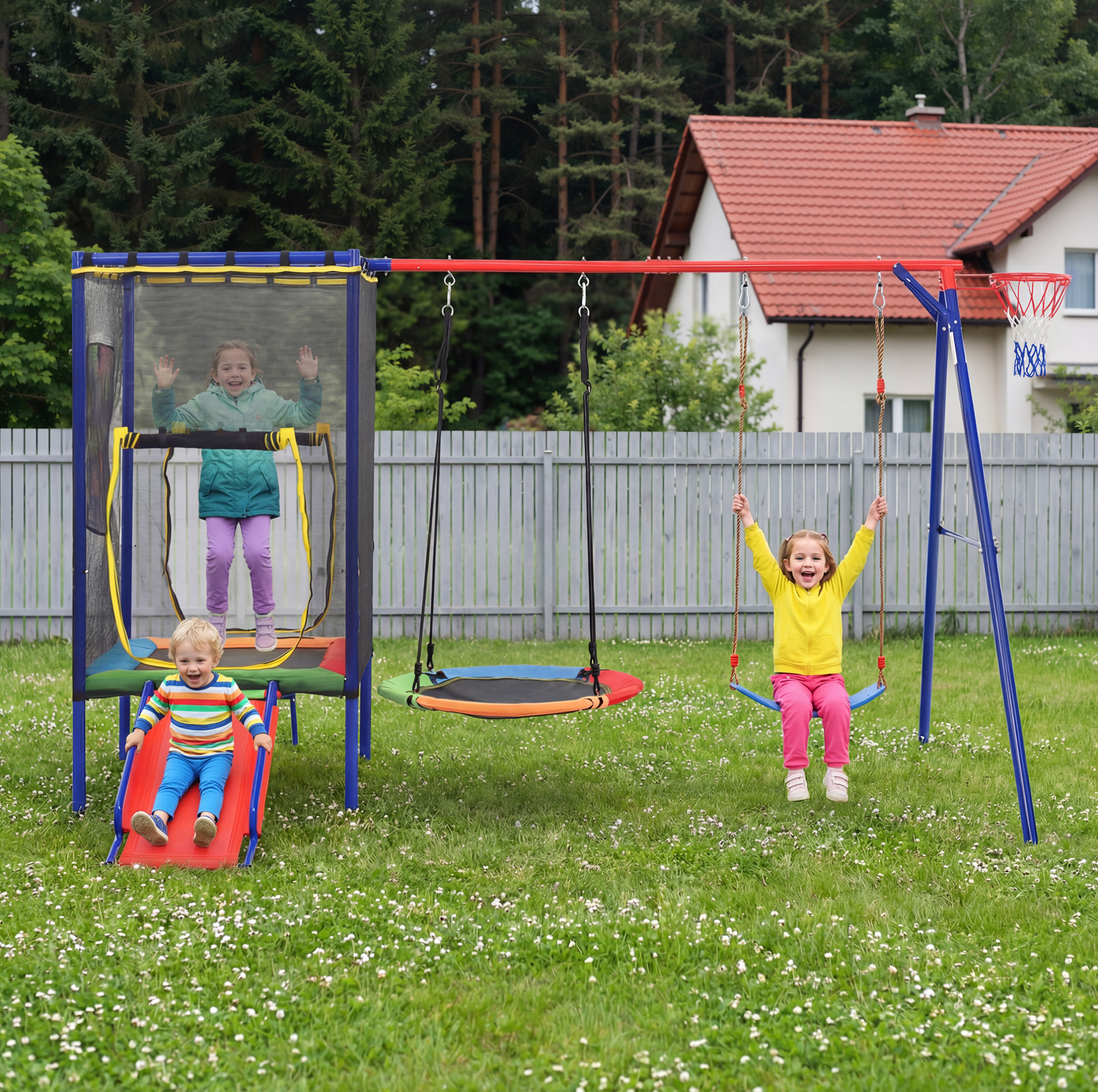 Outdoor Spielplatzkombination (336 X 217 X 198 Cm), Trampolin Mit Sicherheitsnetz, Rutsche, Schaukel, Eisen, Bunt