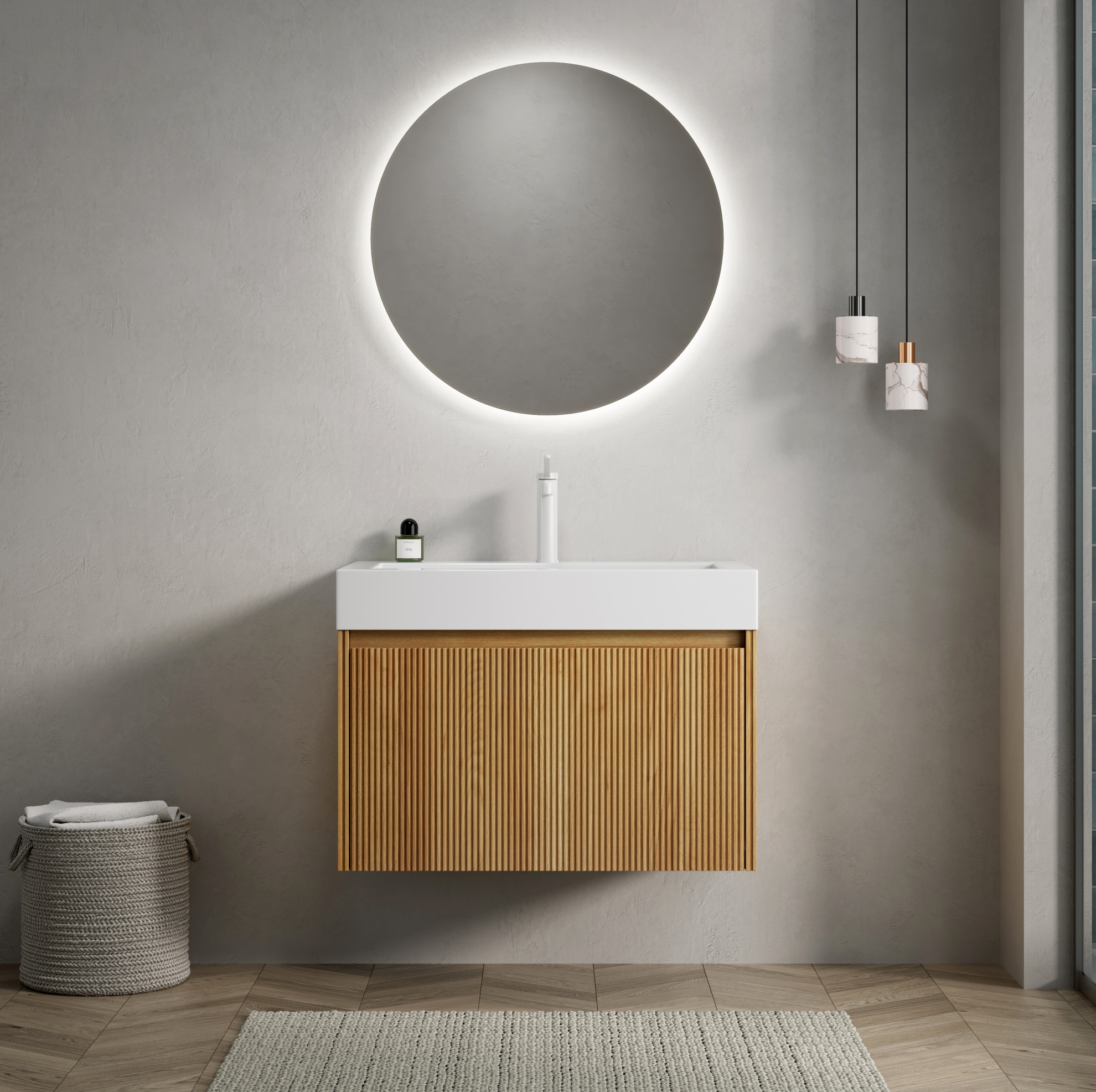 Wandwaschtisch 70.0x46.0x50.0 Cm, Mit Glänzendem Weißem Resinbecken, Led Soft Close Schublade, Eichenoptik, Naturholz Weiß