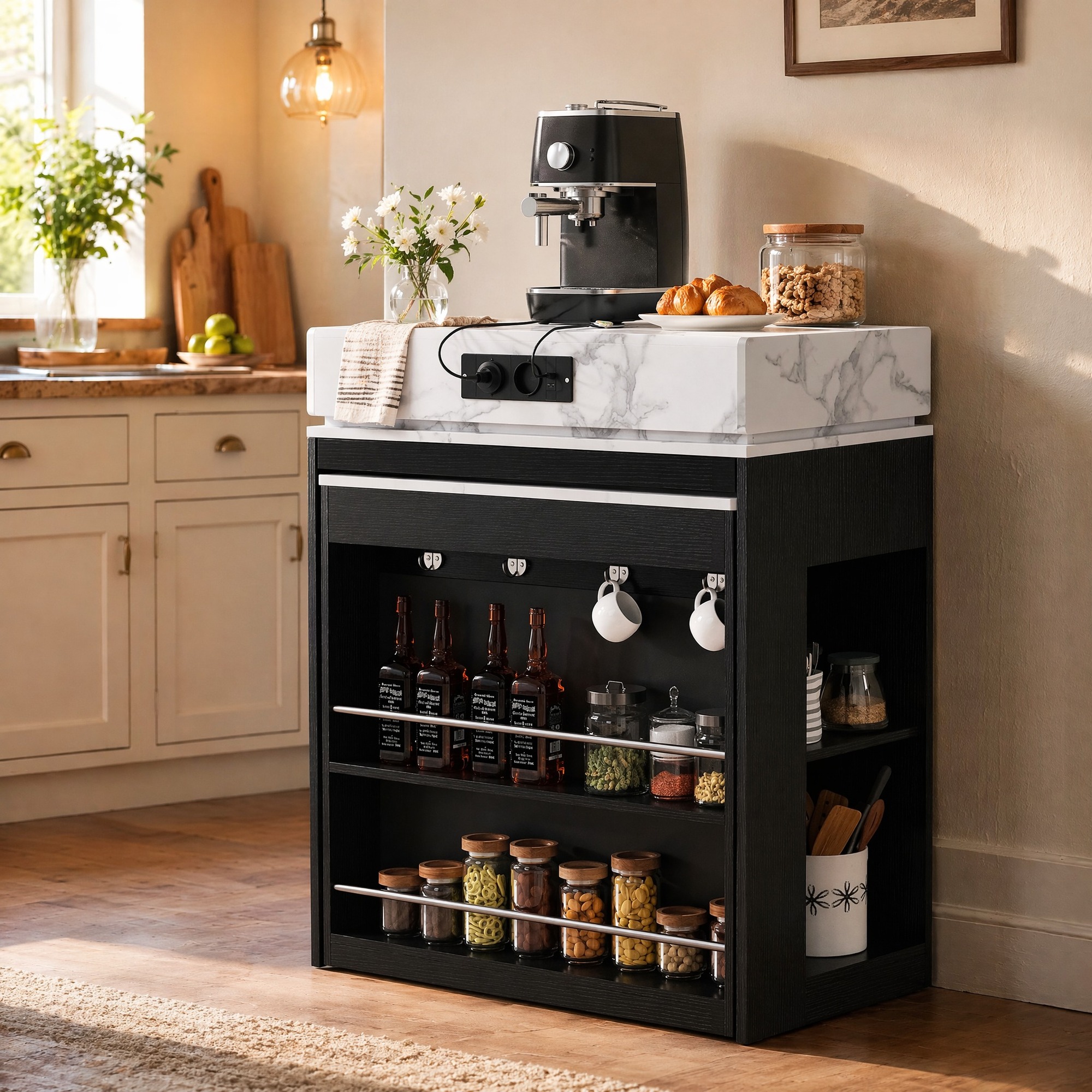 Ausziehbarer Esstisch 83 X 46 X 96 Cm, Mit Faltbarer Tischplatte, Steckdosen, Mdf Und Glas, Schwarz