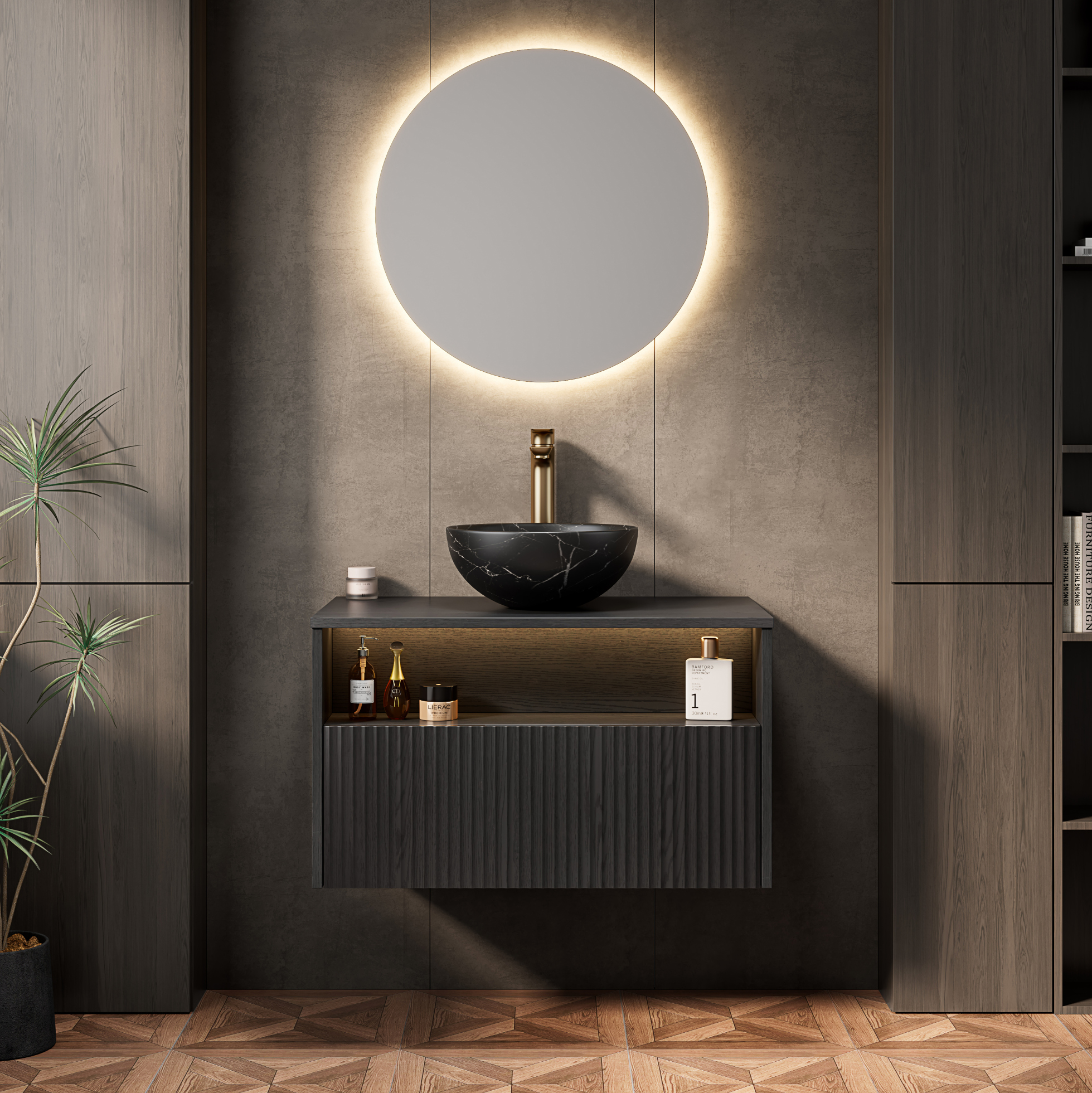 Waschtischunterschrank Mit Keramikbecken (80x46x60.8 Cm), Sensor Led, Soft Close, Schwarz