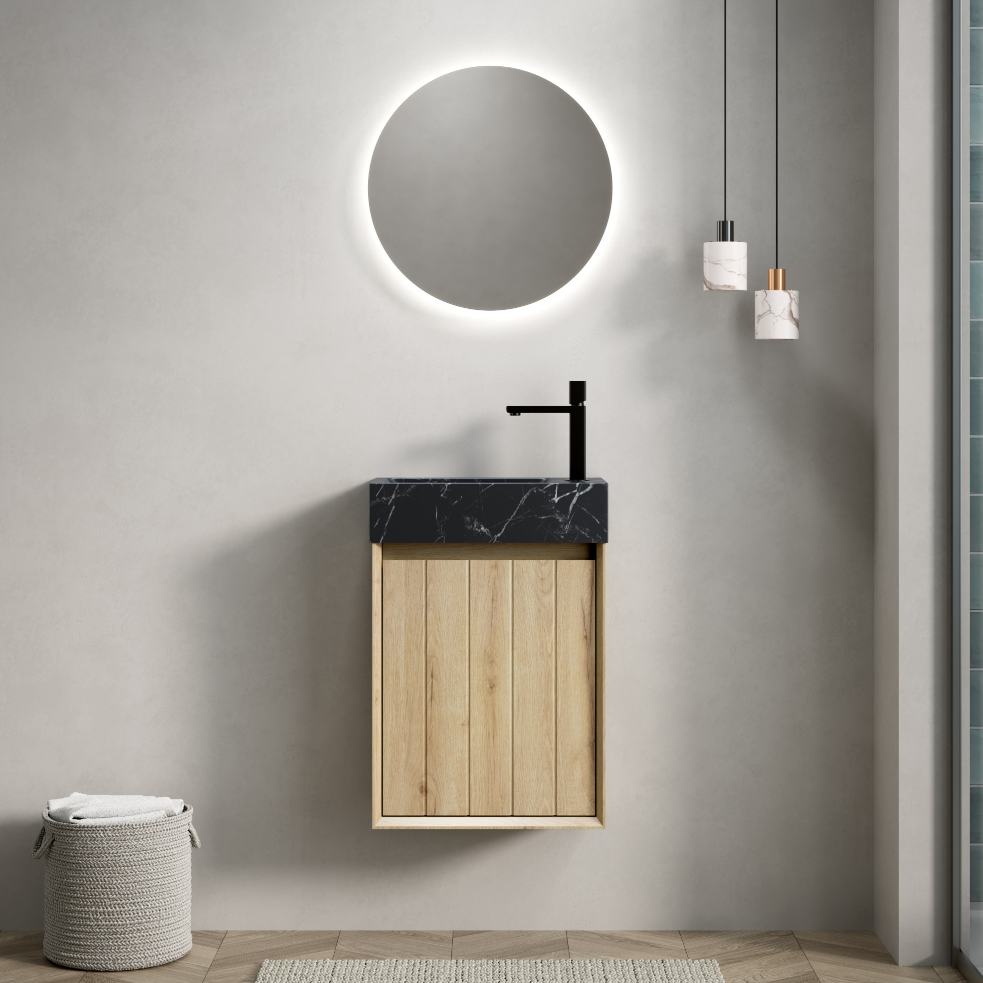 Waschtisch Mit Unterschrank (48.0x29.0x66.0 Cm), Integriertes Naturmarmor Waschbecken, Vormontiert, Schwarz Weiß Eiche