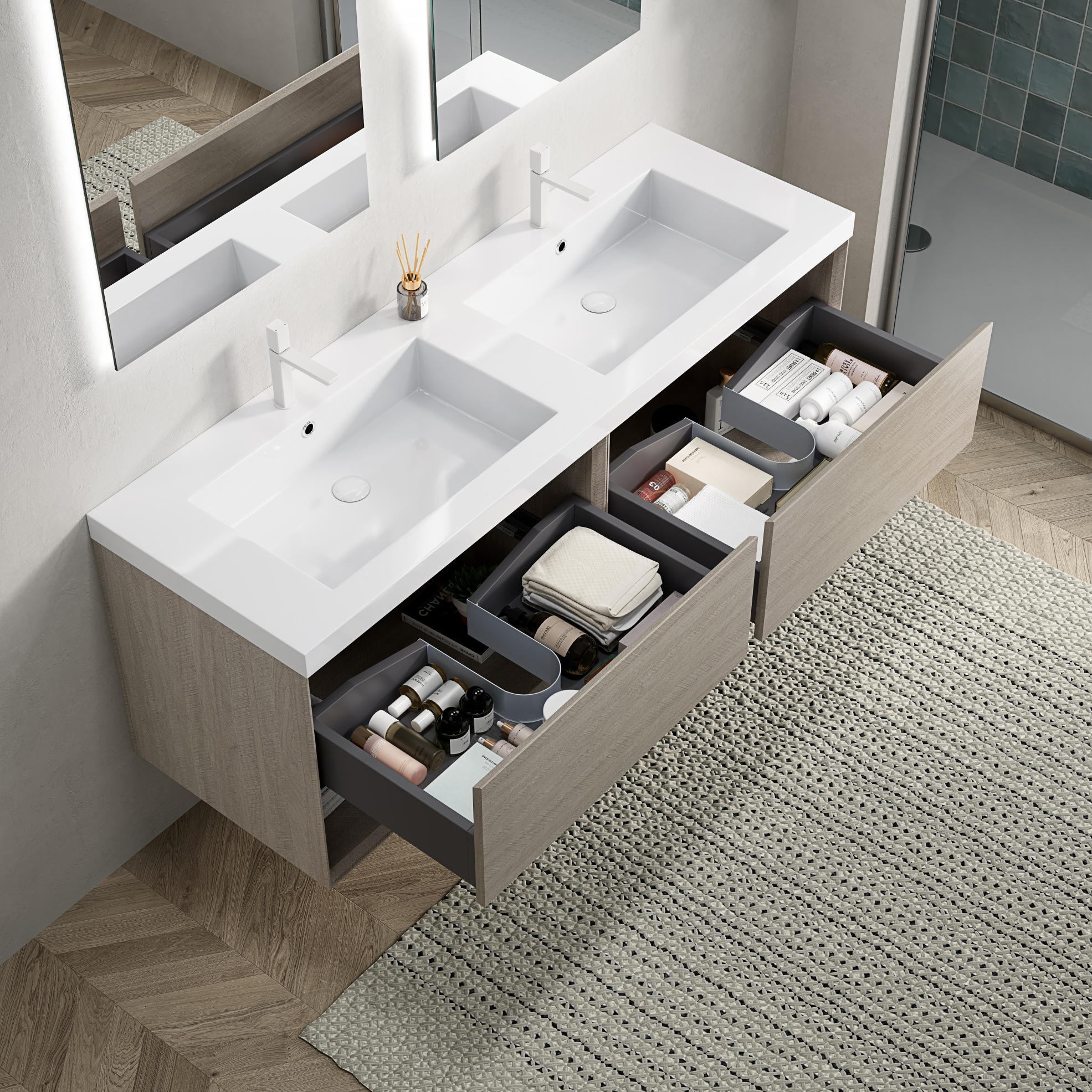 Badezimmer Waschtisch 140x46x60 Cm, Integriertes Resinbecken, Soft Close Schublade, Eichenoptik, Weiß
