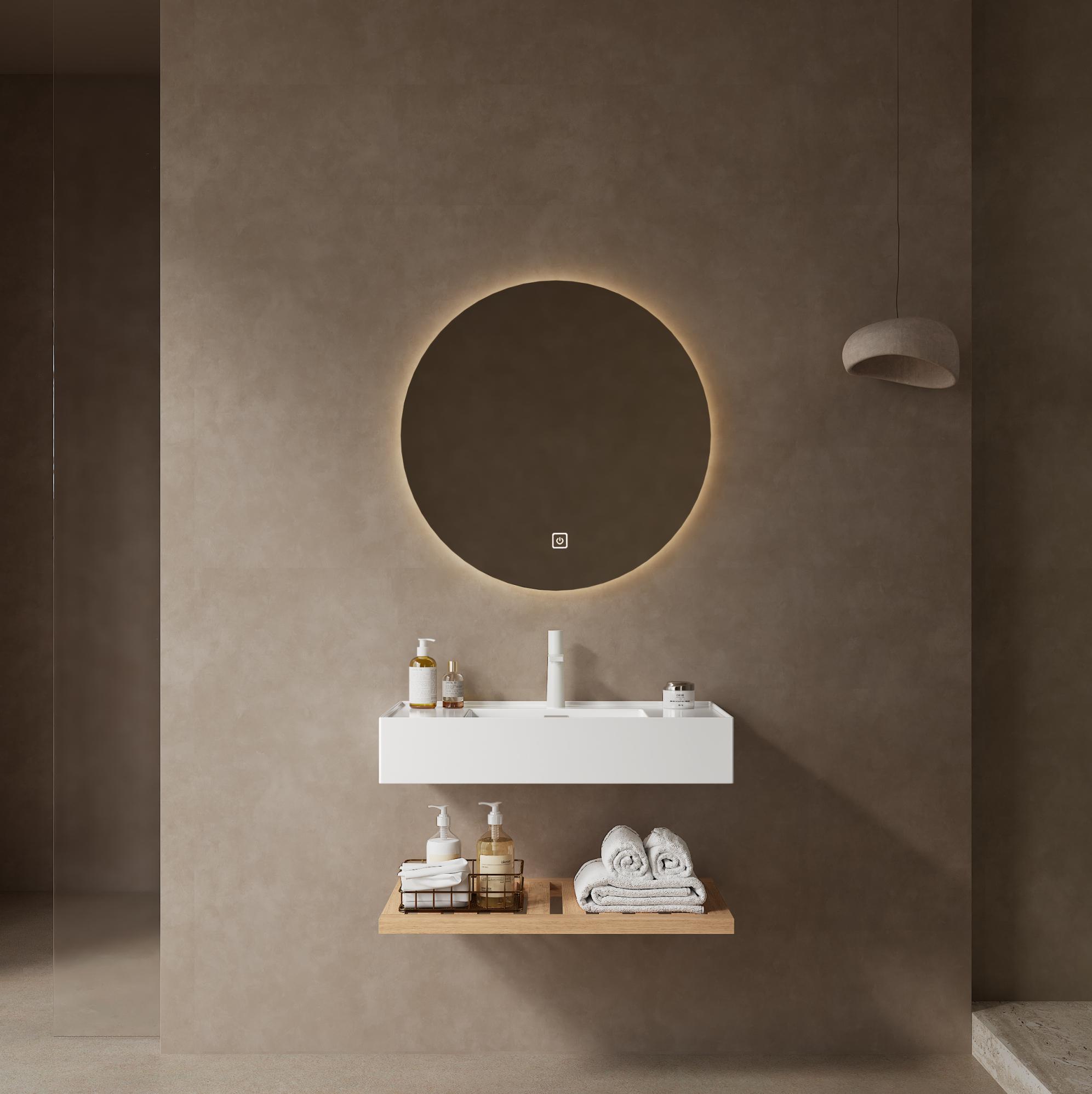 Badezimmerschrank Mit Waschbecken (87 X 58 X 36 Cm), Integriertes Harzbecken, Stauraum, Sperrholz, Weiß Und Naturholz