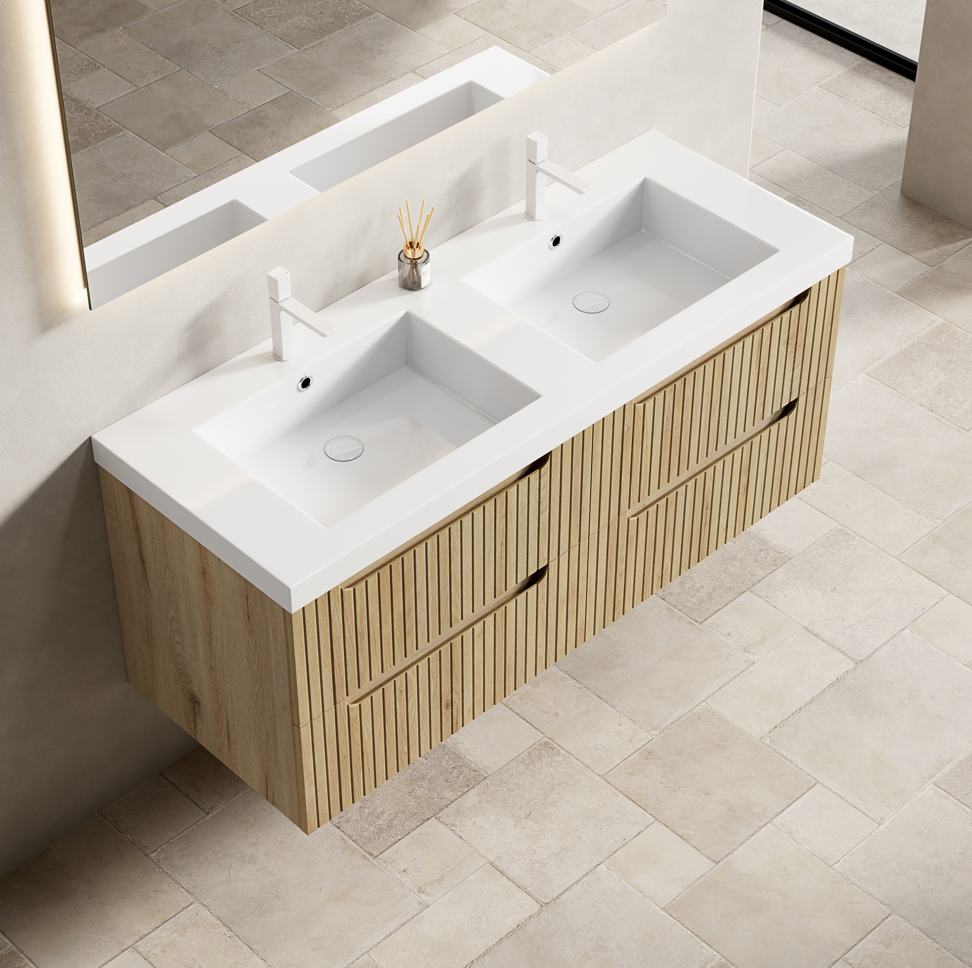 Waschtisch Mit Integriertem Unterbaubecken, Soft Close Schubladen, Resin, Weiß Und Wildeiche