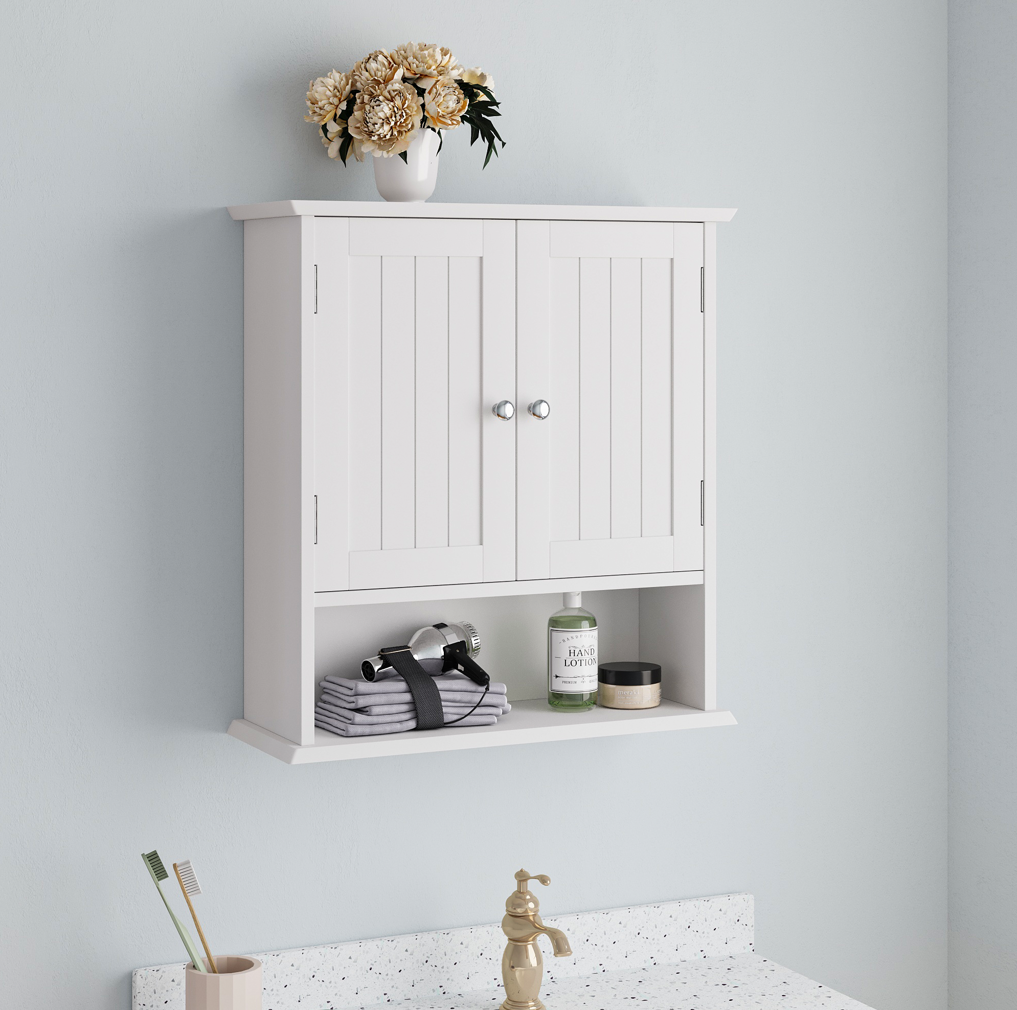 Wandmontierter Badezimmerschrank (54.6x19.8x59.9 Cm), Mit Doppeltüren, Verstellbaren Regalen, Mdf, Weiß