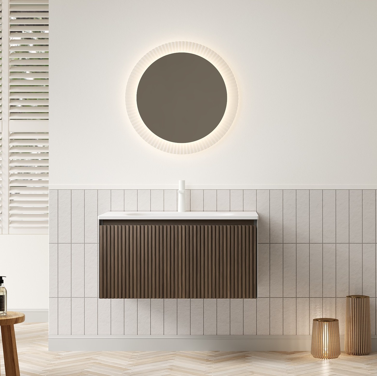 Wandmontierter Badezimmer-waschtisch (80x46x41.8 Cm), Mit Glänzendem Harzbecken, Schublade, Eichenoptik, Braun Weiß