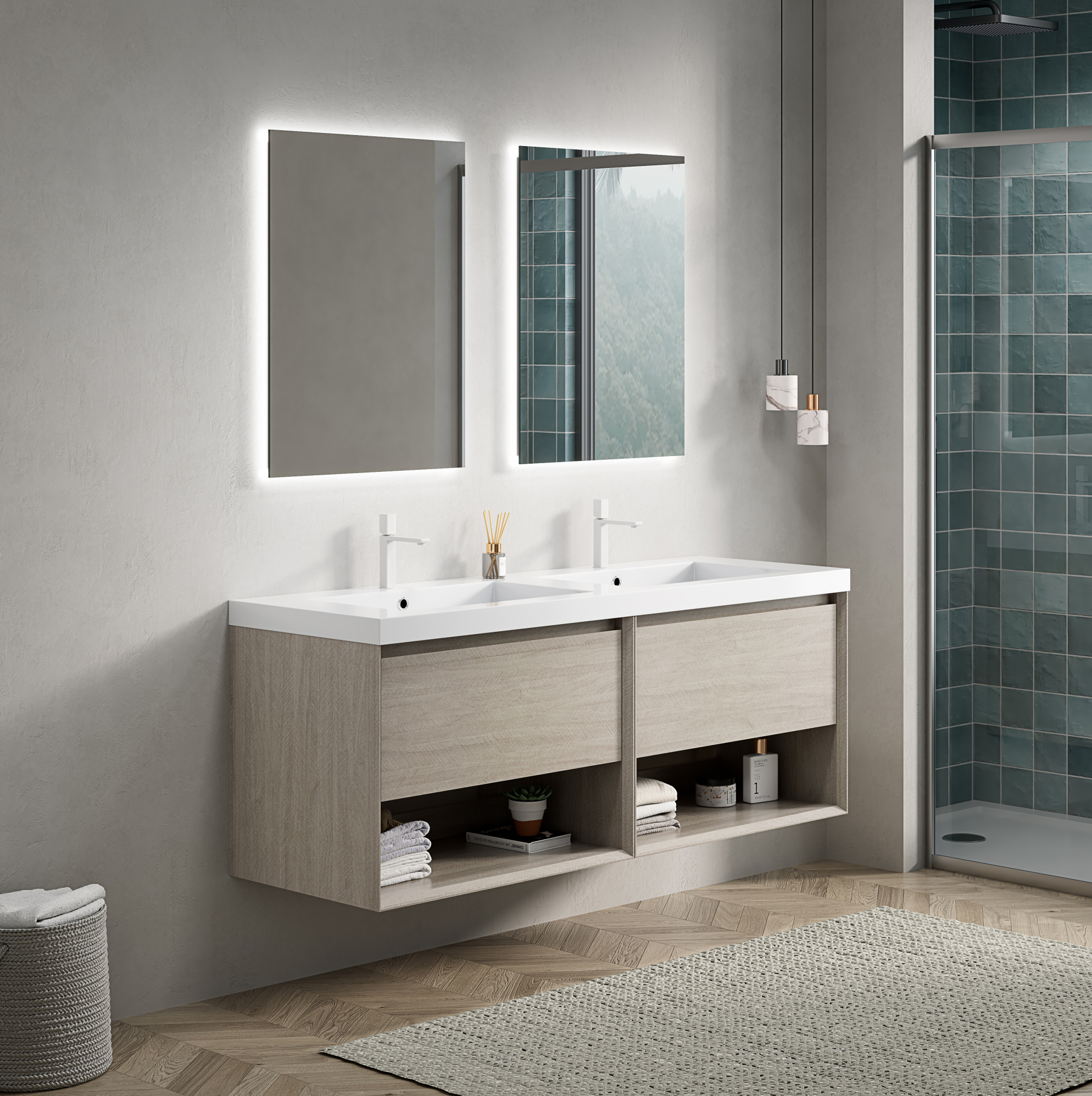 Wandwaschtisch 140 Cm, Integriertes Rechteckbecken, Soft-close, Mehrschichtplatten, Eichenoptik, Weiß