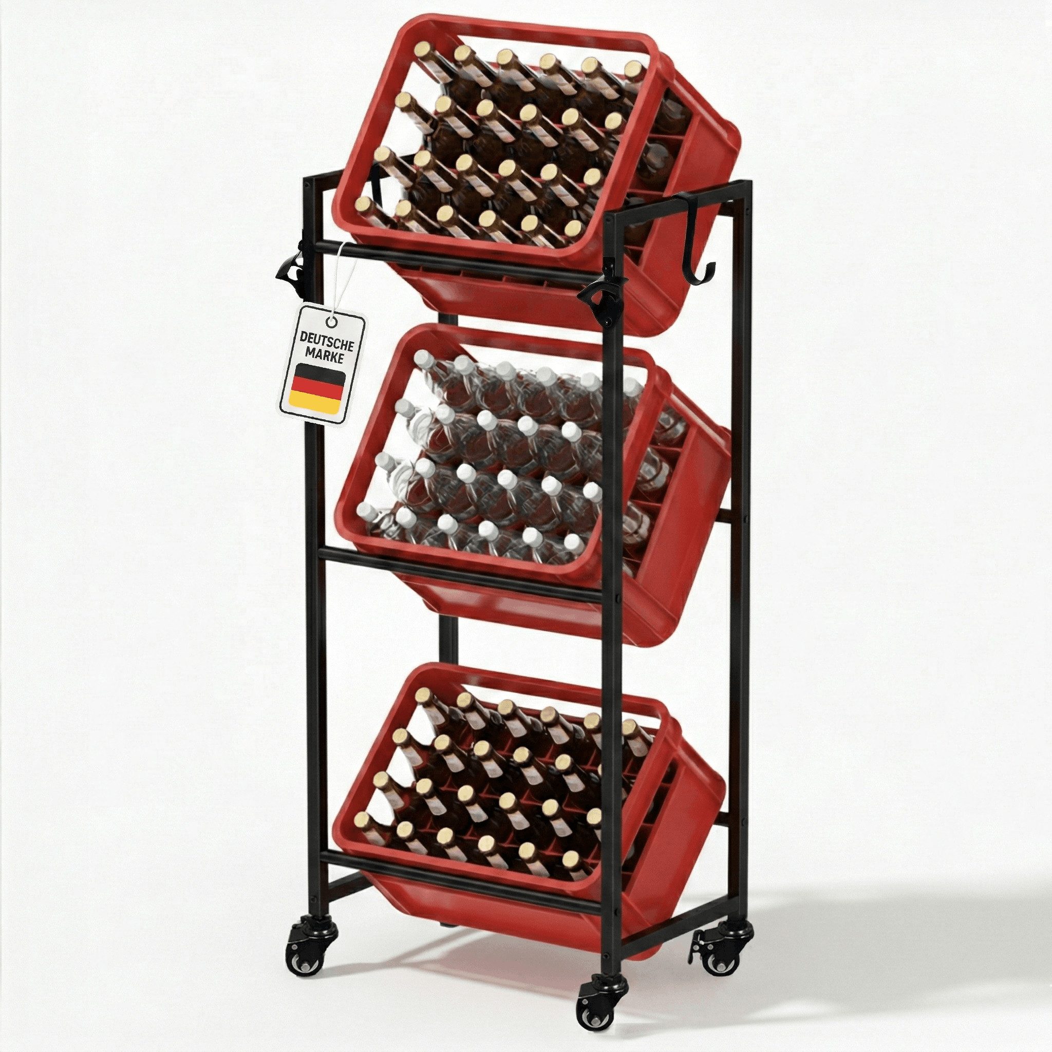 Roxlin Getränkekistenregal Für 3 Kisten – Stabiles Metallregal Mit 360° Rollen, Haken & Bieröffner, Mobiler Getränkekistenständer Für Bier- & Wasserkisten