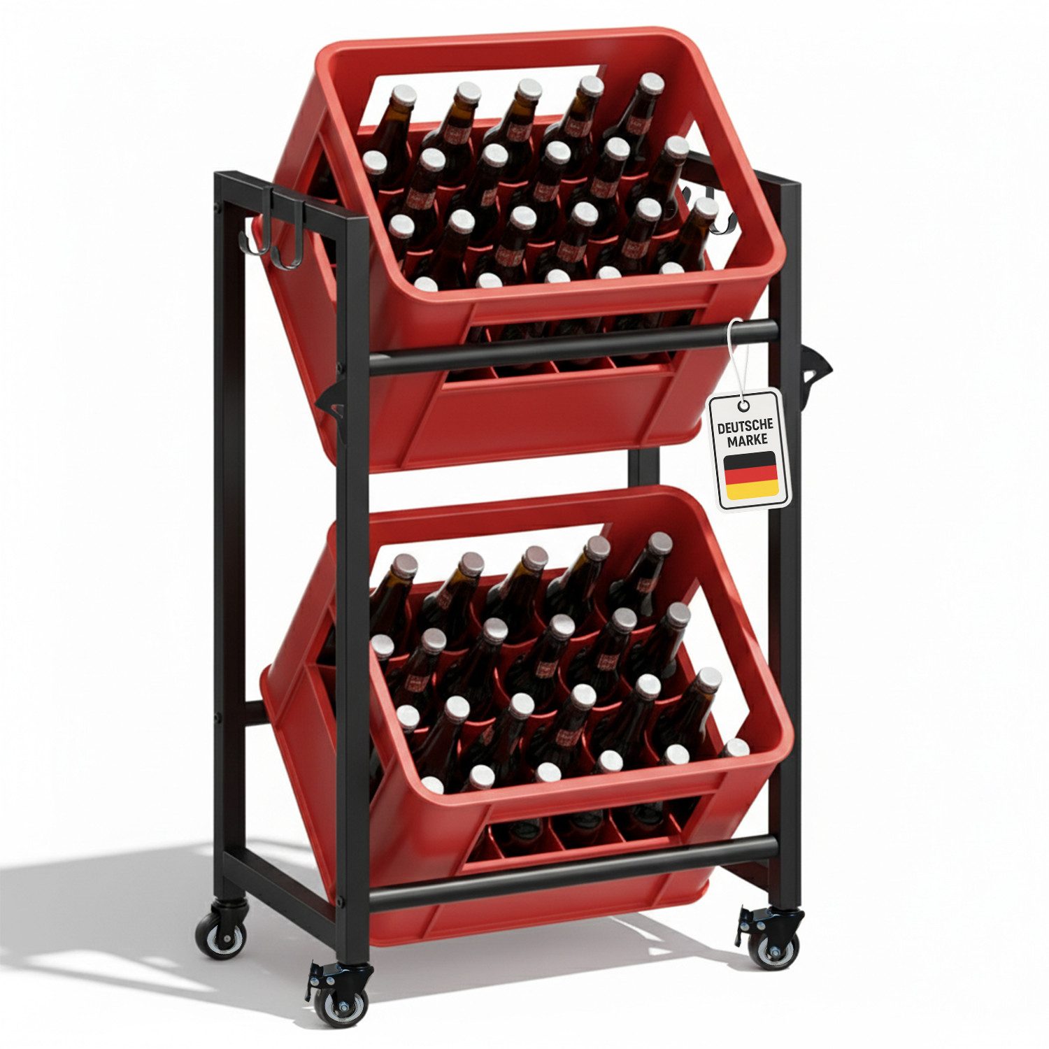 Roxlin Getränkekistenregal Für 2 Kisten – Stabiles Metallregal Mit Rollen, Haken & Bieröffner, Mobiler Getränkekistenständer Für Bier- & Wasserkisten