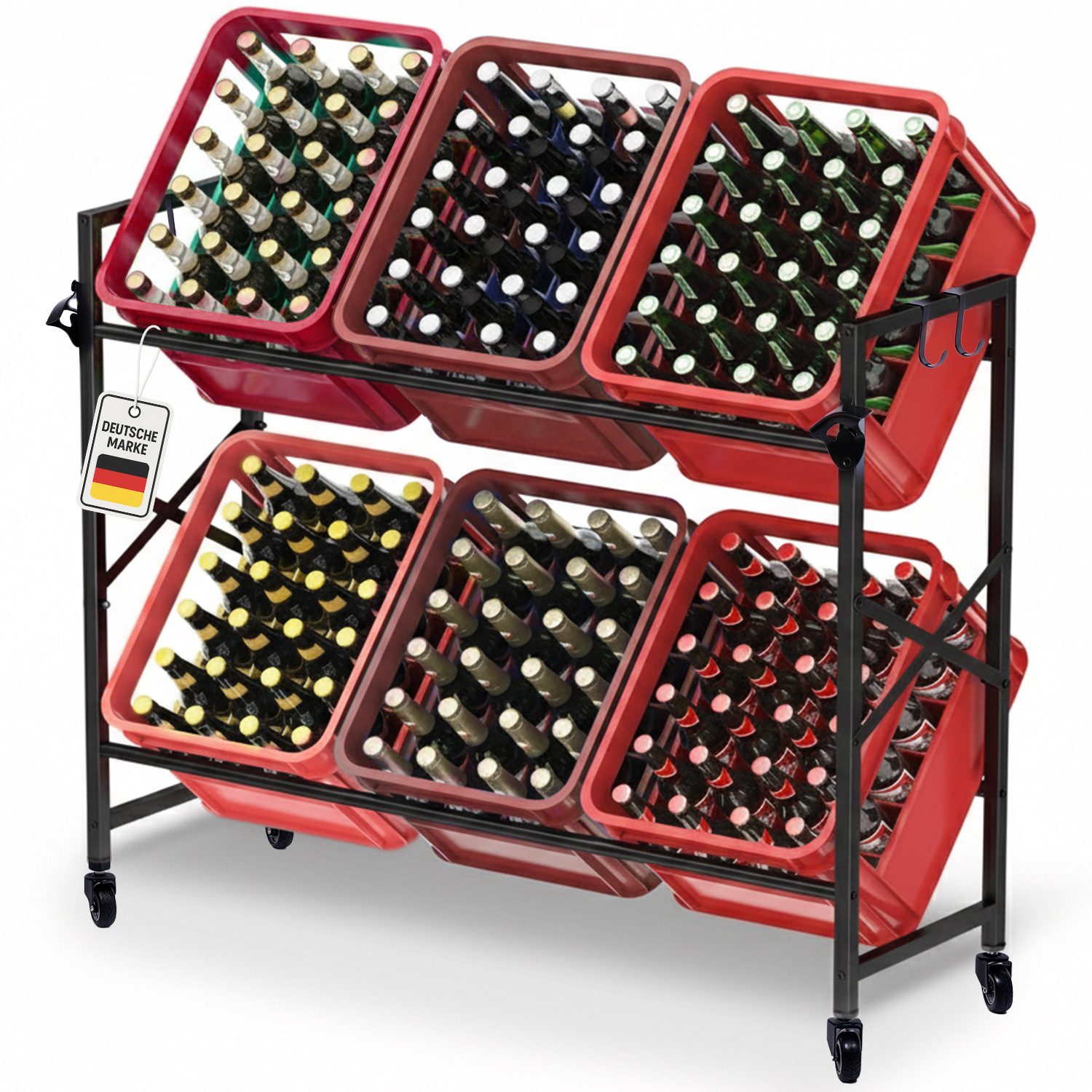 Roxlin Getränkekistenregal Für 6 Kisten – Stabiles Metallregal Mit 360° Rollen, Haken & Bieröffner, Mobiler Getränkekistenständer Für Bier- & Wasserkisten