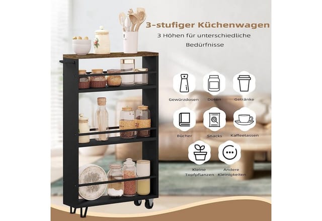 Küchenwagen mit 3 Ebenen, Küchenregal Servierwagen Nischenregal mit Rollen, Rollwagen Rollcontainer für Küche Büro, mit Griff und Bremsen, Vintage
