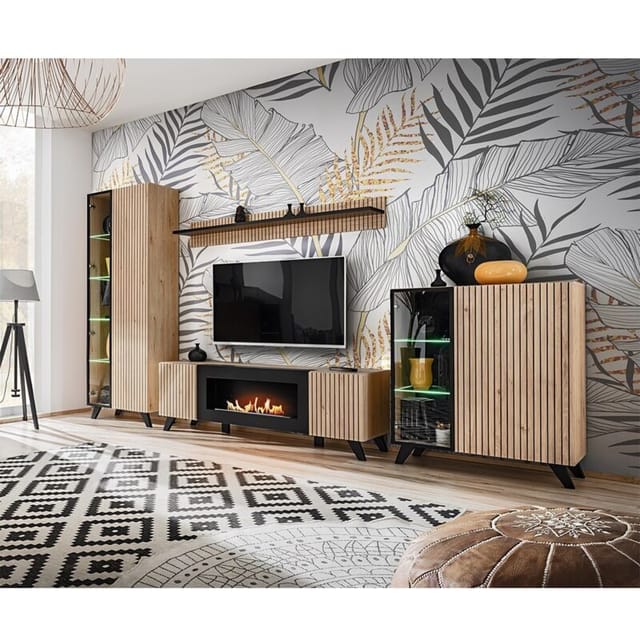 Set von 4 Wohnzimmermöbeln nielsen – Dekorativer Kamin in Eiche und Schwarz