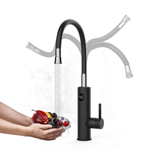 Wasserhahn Mit Durchlauferhitzer Küche, 3200w Elektrischer Wasserhähne Sofort Warm Küchenarmatur Mit Flexibler Auslauf Und Lcd Temperaturanzeige, 360º Drehung Schnellheizungshahn Armatur, Schwarz