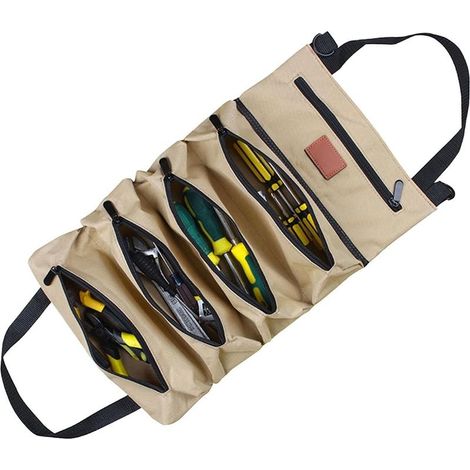 Werkzeugtasche Zum Aufrollen, Multifunktionaler Werkzeugorganizer, 5 Reißverschlusstaschen, Tragegurt, Khaki