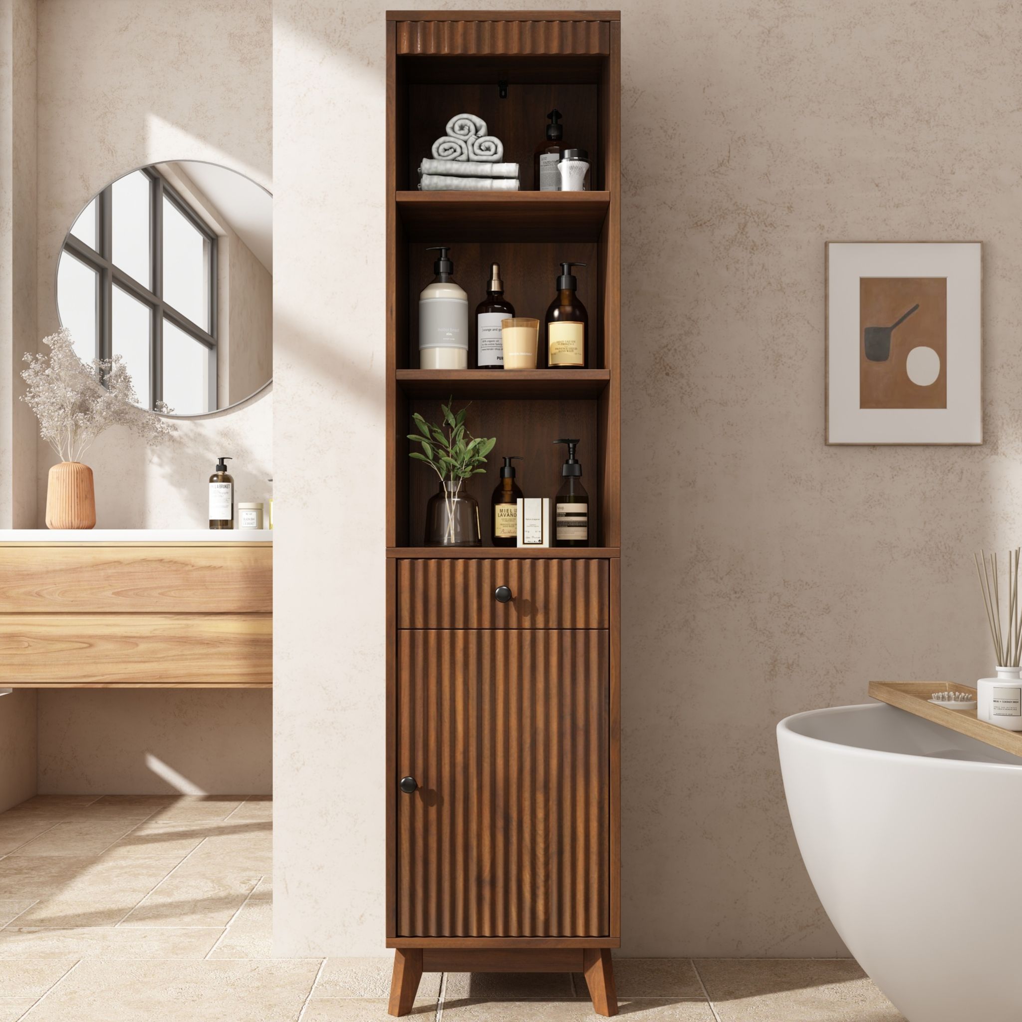Bad-hochschrank 40x36x172cm Freistehender Badezimmerschrank In Walnuss-optik Mit Wendbarer Tür Schublade Und Soft-close-scharnieren Aus Mdf