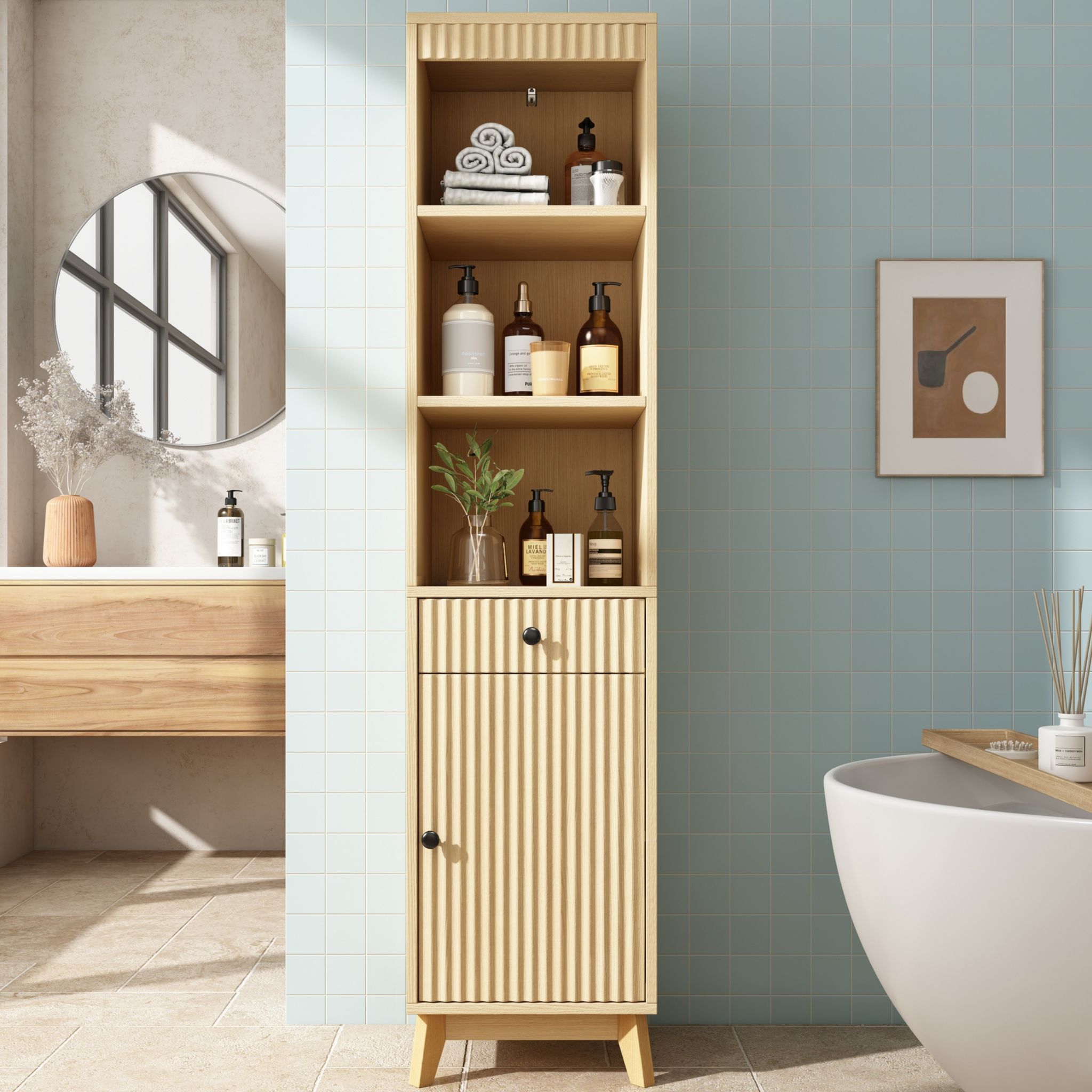 Badezimmer-hochschrank Freistehend 40x36x172 Cm - Badschrank Hoch Mit Schublade Und Wendbarer Tür - Vertikal Geriffelte Fronten Aus Mdf - Naturholzfarben