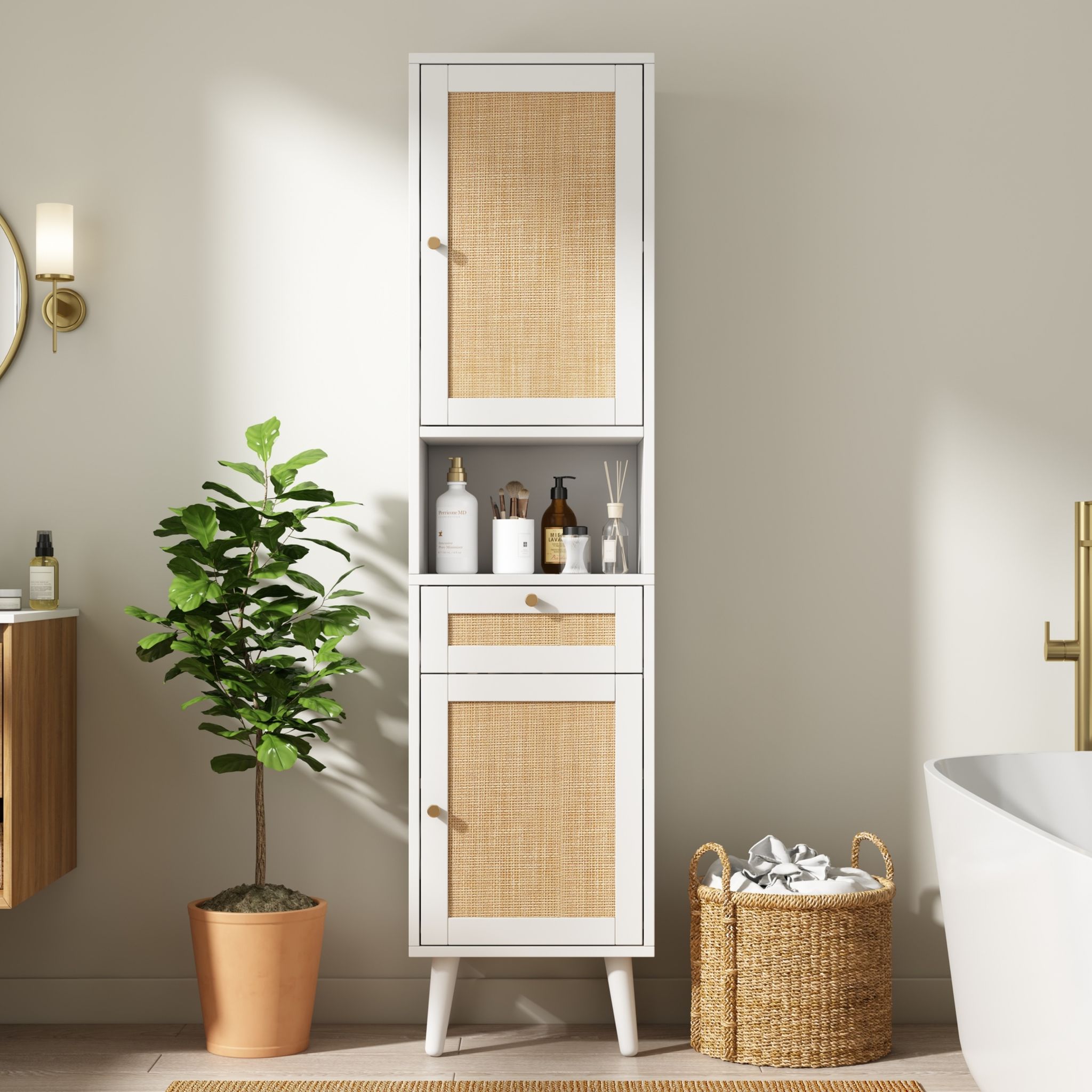 Badezimmer-hochschrank 40x30x166 Cm - Freistehender Badschrank Hoch Mit Wendbaren Rattantüren Und Schublade Moderner Holzstil - Weiß