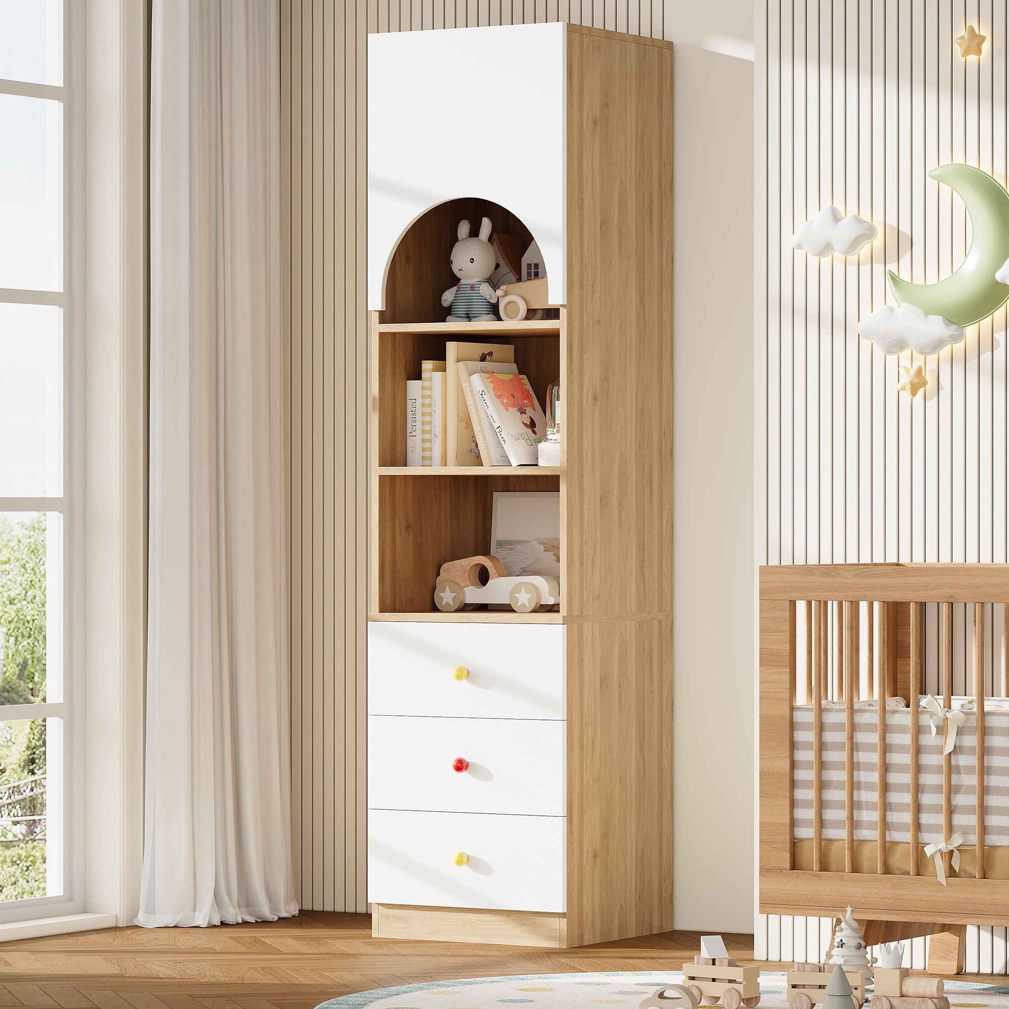 Bücherregal Kinderzimmer 50x50x200 Cm - Standregal Mit 3 Schubladen Und 3 Fächern - Aufbewahrungsregal Mdf Im Skandinavischen Stil - Weiß Und Holzoptik