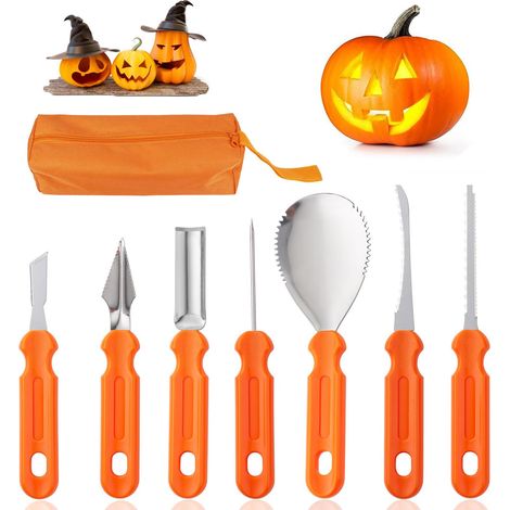 7-teiliges Halloween-kürbisschnitzset, Edelstahl, Inklusive Aufbewahrungsbeutel, Orange, Zum Selbermachen Von Kürbissen