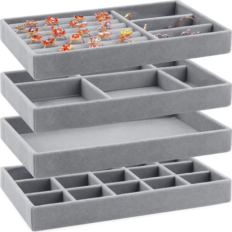 Schmucktablett-organizer Mit Schublade In Samt, 4-teiliges Schmuckkästchen-set, Stapelbare Schmucktabletts Zur Aufbewahrung Von Ohrringen, Armbändern, Ringen Und Halsketten (grau)
