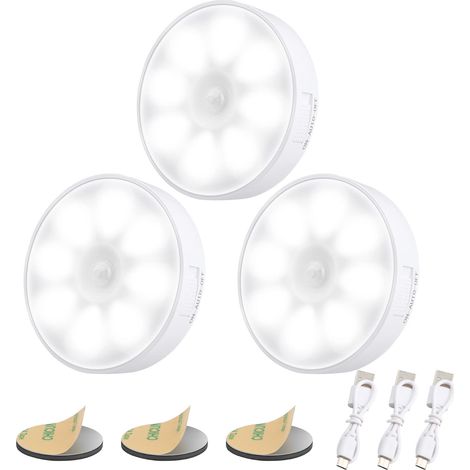Wiederaufladbare Led-nachtleuchte Mit Usb-anschluss [3er-pack] Automatische Led-beleuchtung, 6000 K, 8 Leds, 400 Mah Akku, Bewegungsmelder, Led-klebeleuchte Mit Magnetfuß