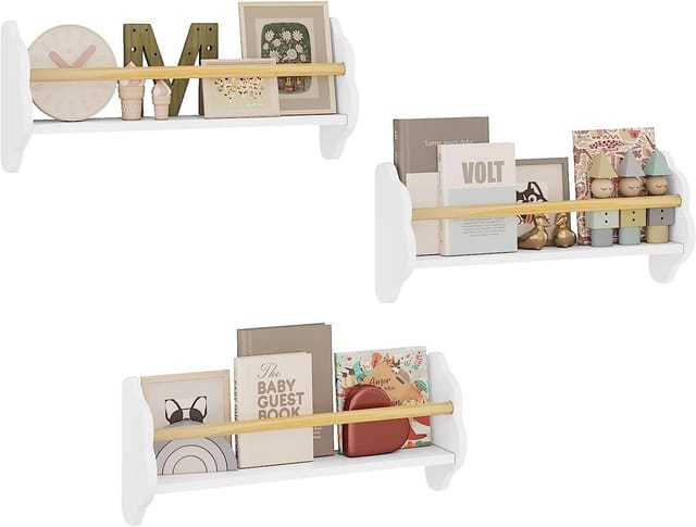 3er Set Kinder Bücherregal Wandregal, Kinderzimmerregal, Kinderregal für Buchaufbewahrung, aus Kiefernholz mdf, für Kinderzimmer Spielzimmer, Weiß