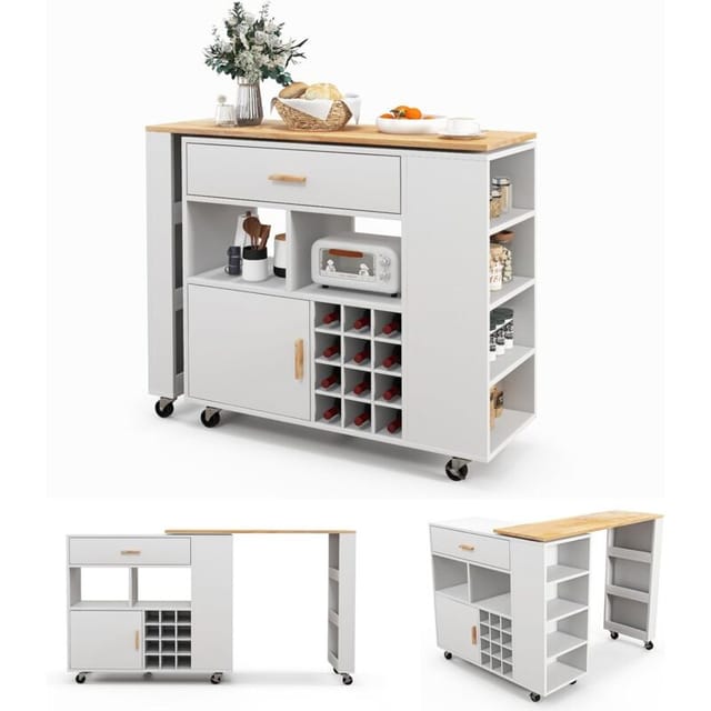 Küchenwagen & Bartisch, Kücheninsel Mit Verstellbarem Regal, Schublade & Gewürzregal, Weinregal Für 12 Flaschen, Küchenschrank Rollbar, Servierwagen Aus Holz, Kücheninselwagen, Weiß - Costway