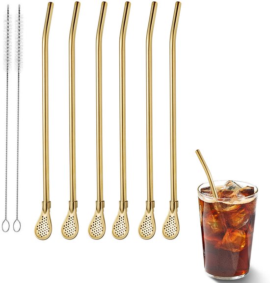 5-teiliges Set Aus 18,5 Cm Langem Edelstahllöffel Und -strohhalm Mit Langem Griff, Wiederverwendbar, Inklusive Reinigungsbürste – Silber, Gold, Roségold, Schwarz, Mehrfarbig