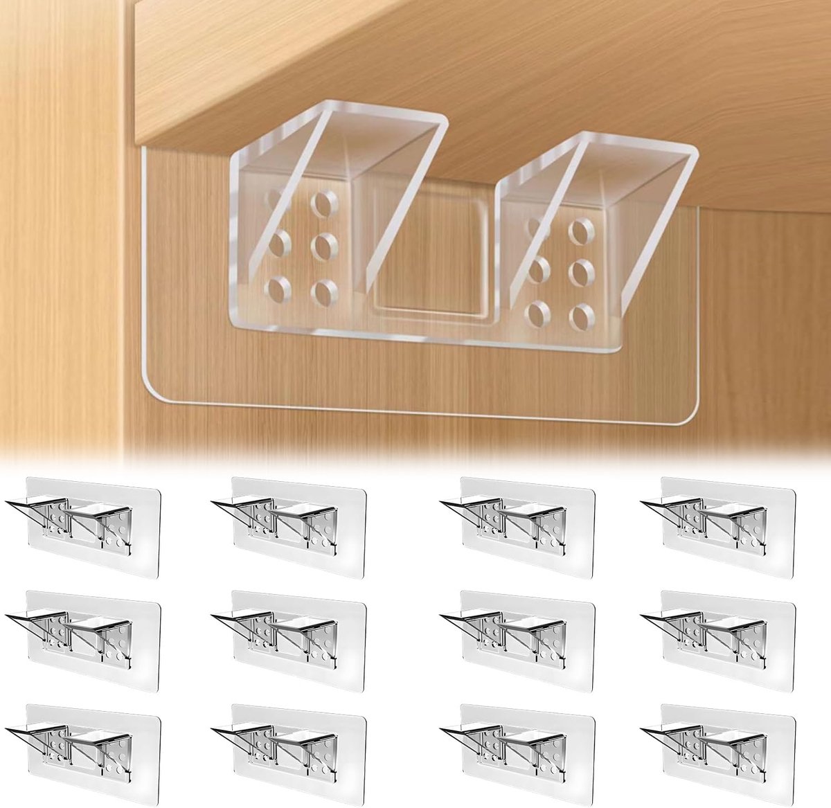 12 Stück Regalhalterungen, Wandhalterungen, Bohrfreie Regalhalterungen, Transparente Regalhalterungen, Selbstklebende Wandregal-bodenhalterungen