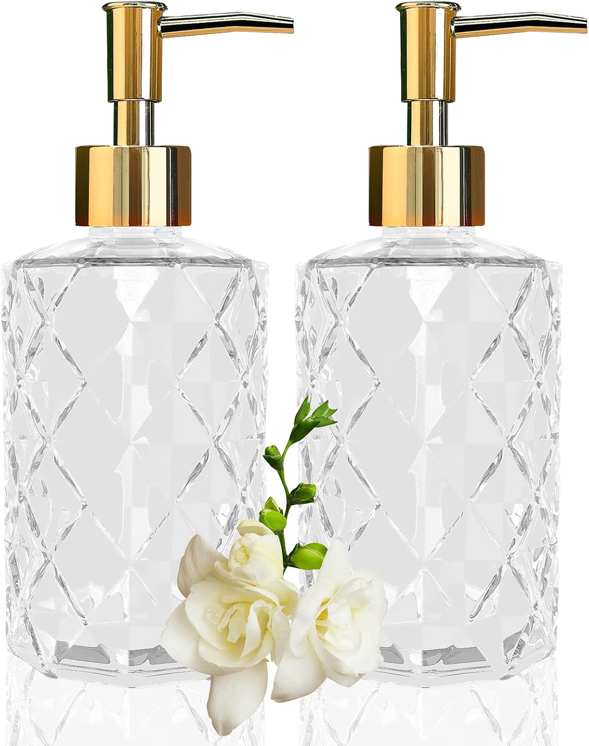 2er-set Seifenspender Aus Diamantglas – 330 Ml – Goldfarbene Kunststoffpumpe – Transparentes, Nachfüllbares Design – Handseife – Lotion – 330 Ml – 2 Stück