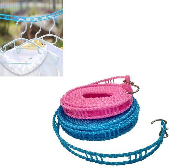 2 Stück, Wäscheleine, 5 M, Für Den Außenbereich, Zum Trocknen Von Kleidung Und Bettwäsche, Wetterfest, Kunststoff, Rosa Und Blau, Platzsparend, Kein Bohren Erforderlich