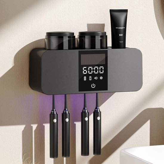 Zahnbürstenhalter Mit Uv-sterilisator, 4 Elektrischen Steckplätzen, 2 Bechern, Wandhalterung Für Badezimmer, Schwarz