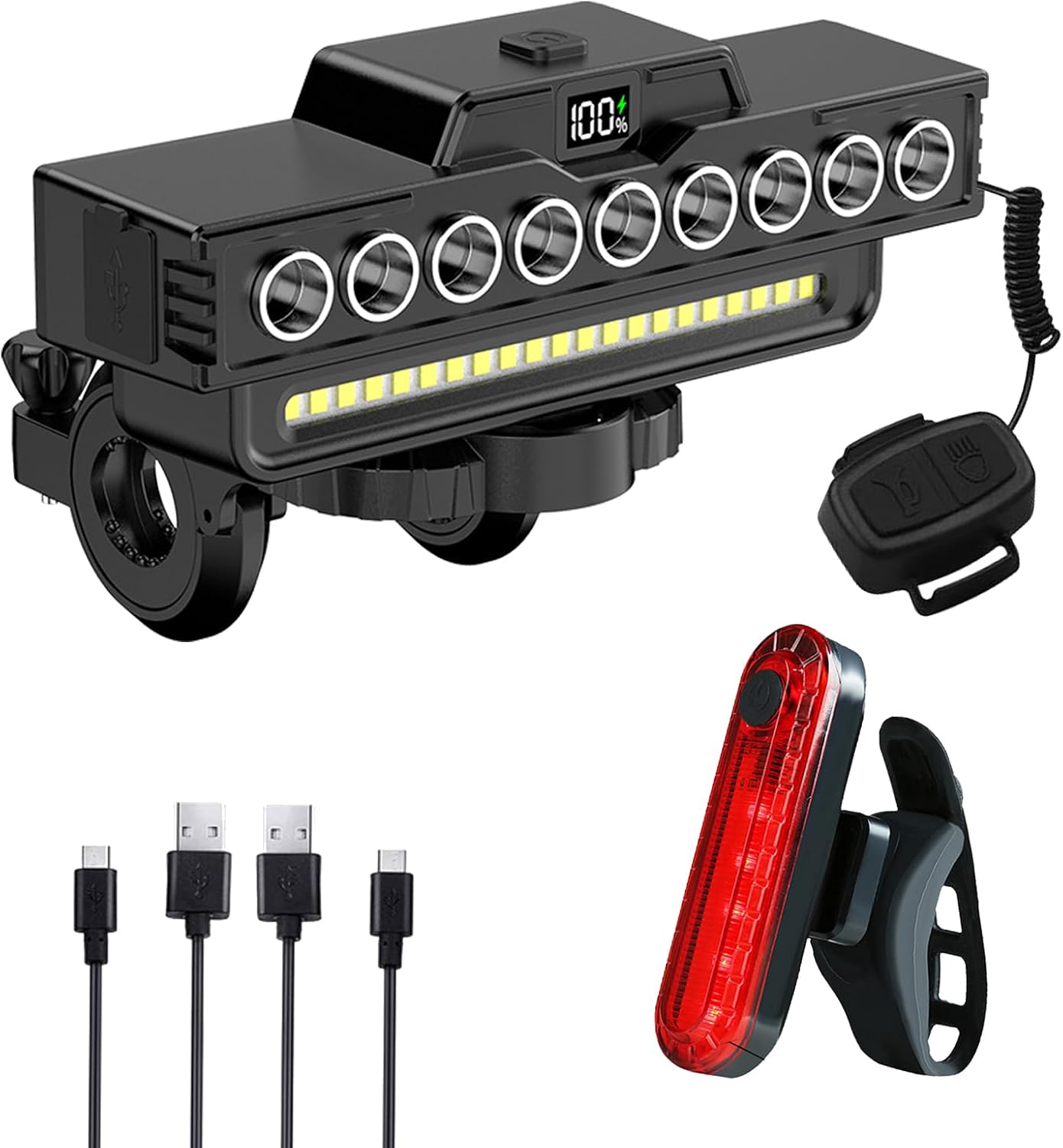 Wiederaufladbarer, Wasserdichter Fahrradscheinwerfer Mit Hupe – 9 Leds Und 7 Modi – Ipx5 Wasserdicht – Lange Akkulaufzeit Mit Leistungsanzeige – 7 M