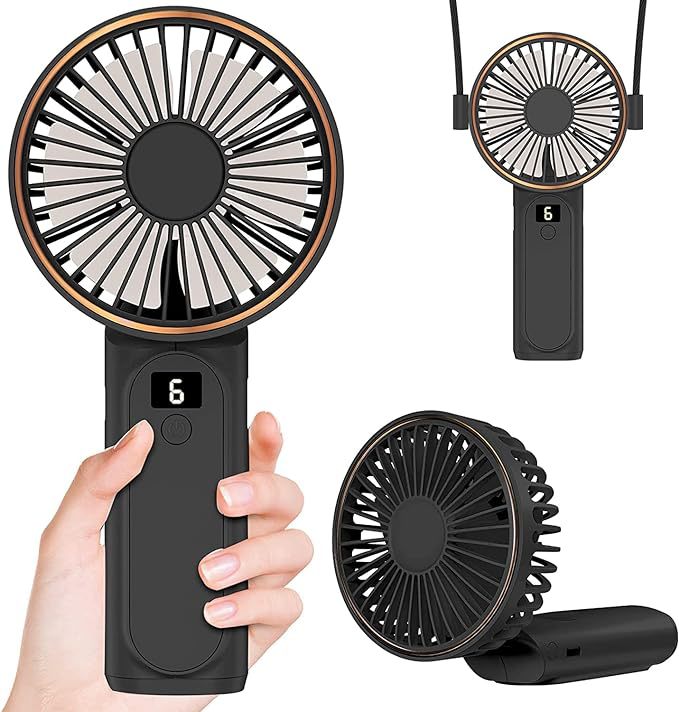 Tragbarer Handventilator, Wiederaufladbarer Akku, 4000 Mah, 180° Verstellbar, 6 Windgeschwindigkeiten, Echtzeit-akkustandsanzeige, Schwarz